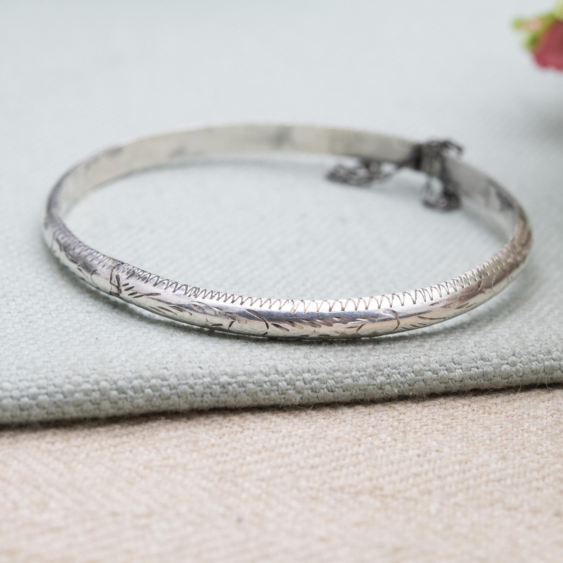 Vintage Sterling Silver Etched Floral Bangle Bracelet - Victorian Aesthetic Scrolling Style with Safety Chain