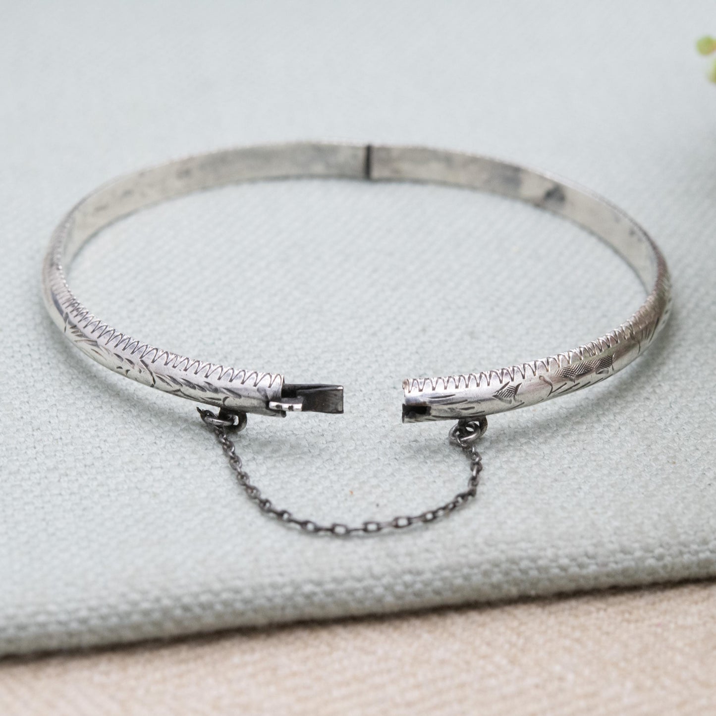 Vintage Sterling Silver Etched Floral Bangle Bracelet - Victorian Aesthetic Scrolling Style with Safety Chain