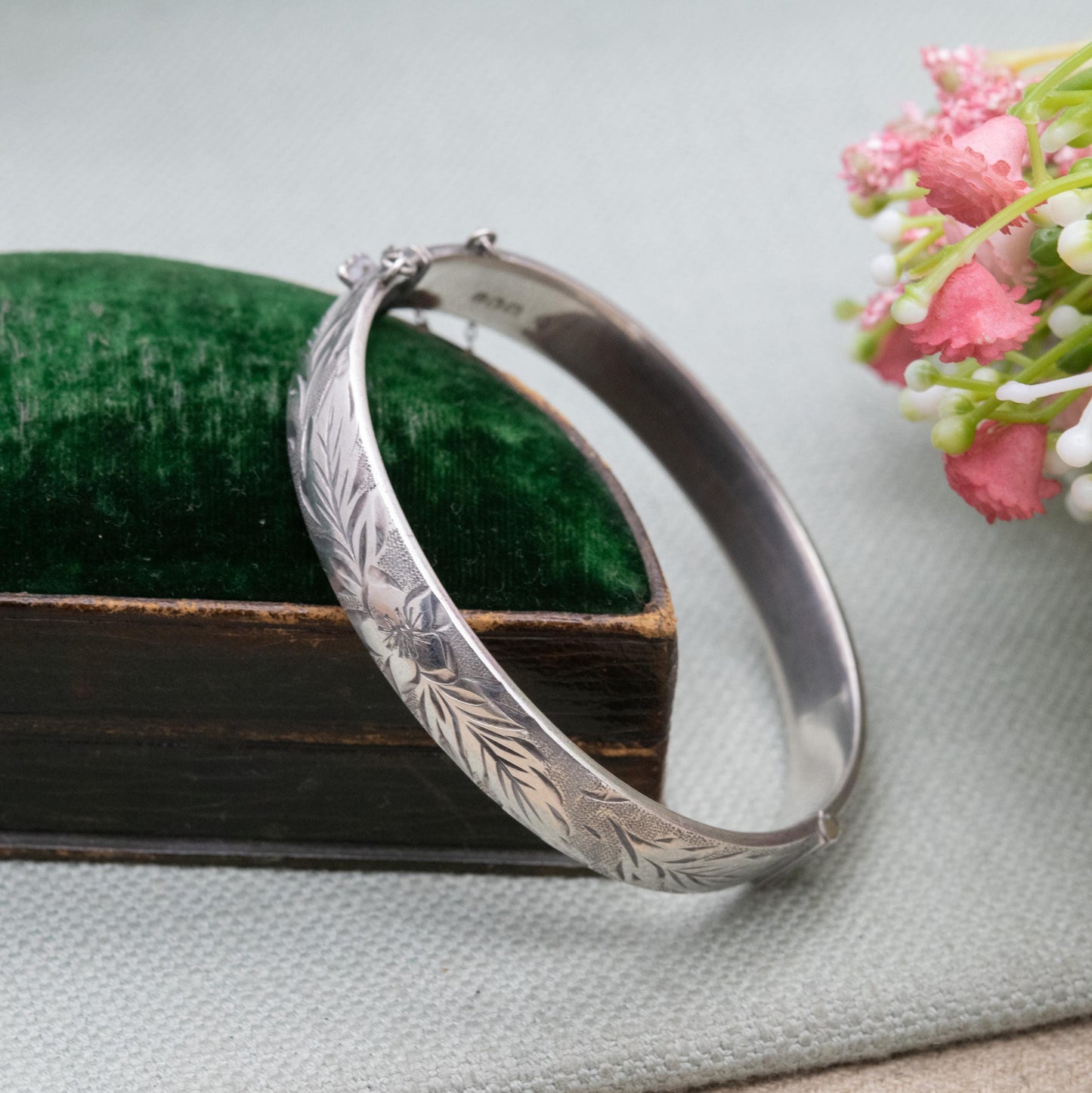 Vintage Fred Manshaw Sterling Silver Floral Engraved Bangle Bracelet 1967 - Victorian Aesthetic Scrolling Style with Safety Chain