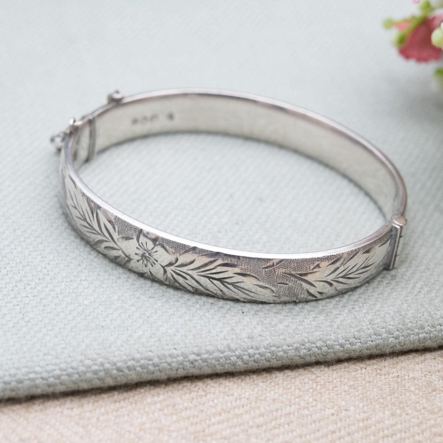 Vintage Fred Manshaw Sterling Silver Floral Engraved Bangle Bracelet 1967 - Victorian Aesthetic Scrolling Style with Safety Chain