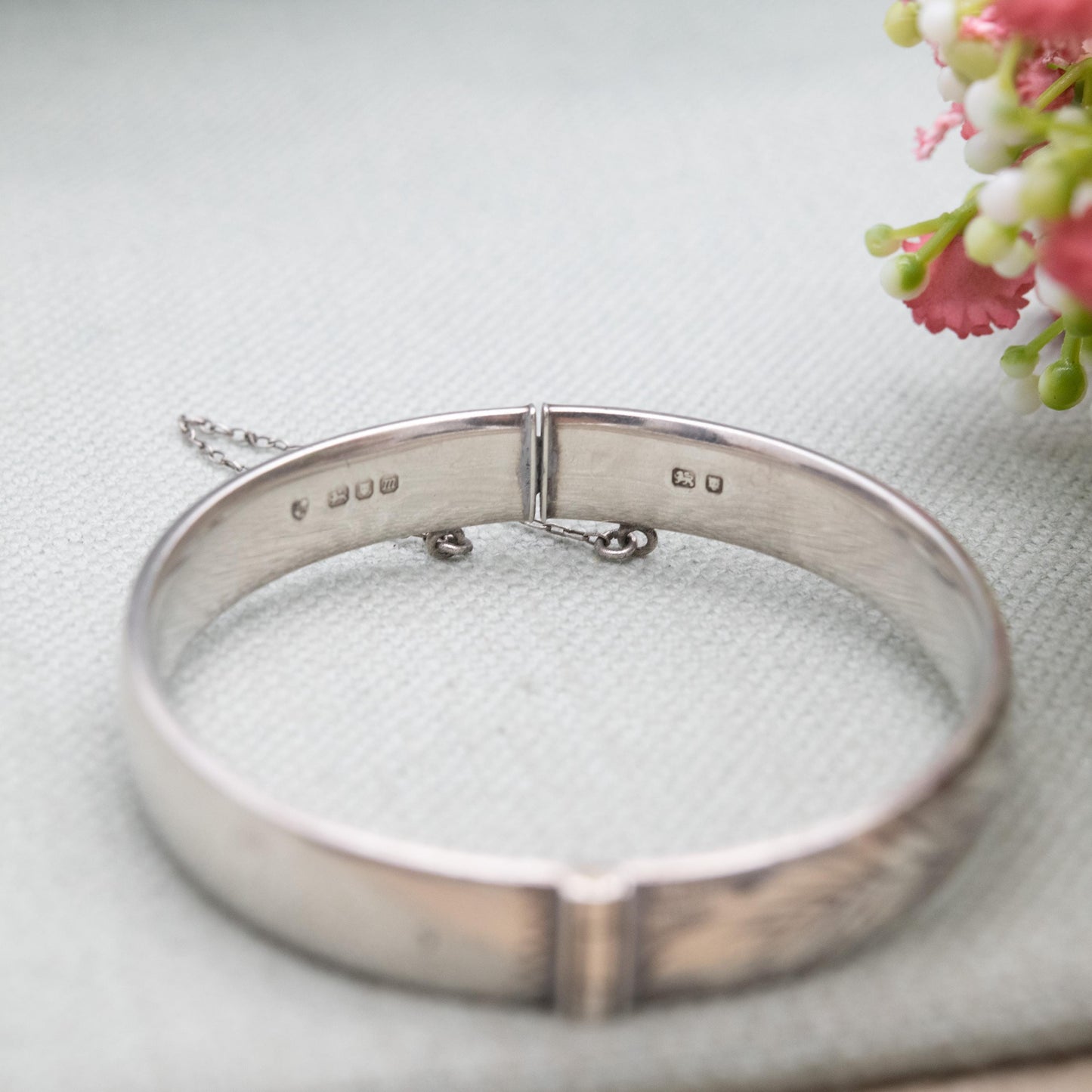 Vintage Fred Manshaw Sterling Silver Floral Engraved Bangle Bracelet 1967 - Victorian Aesthetic Scrolling Style with Safety Chain