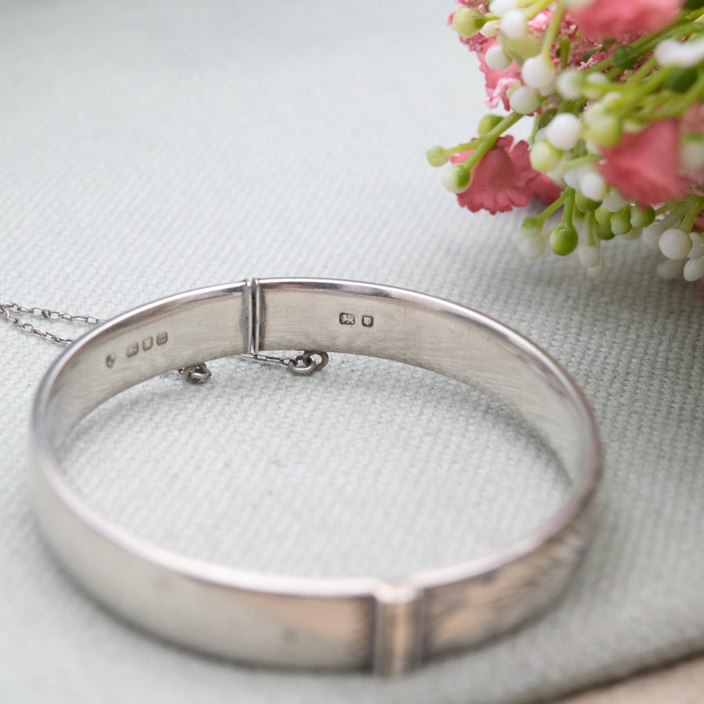 Vintage Fred Manshaw Sterling Silver Floral Engraved Bangle Bracelet 1967 - Victorian Aesthetic Scrolling Style with Safety Chain