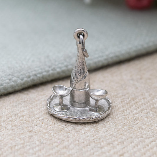 Vintage Sterling Silver Champagne and Goblets Charm Pendant - Detailed and Textured | Souvenir Gift for Charm Bracelet
