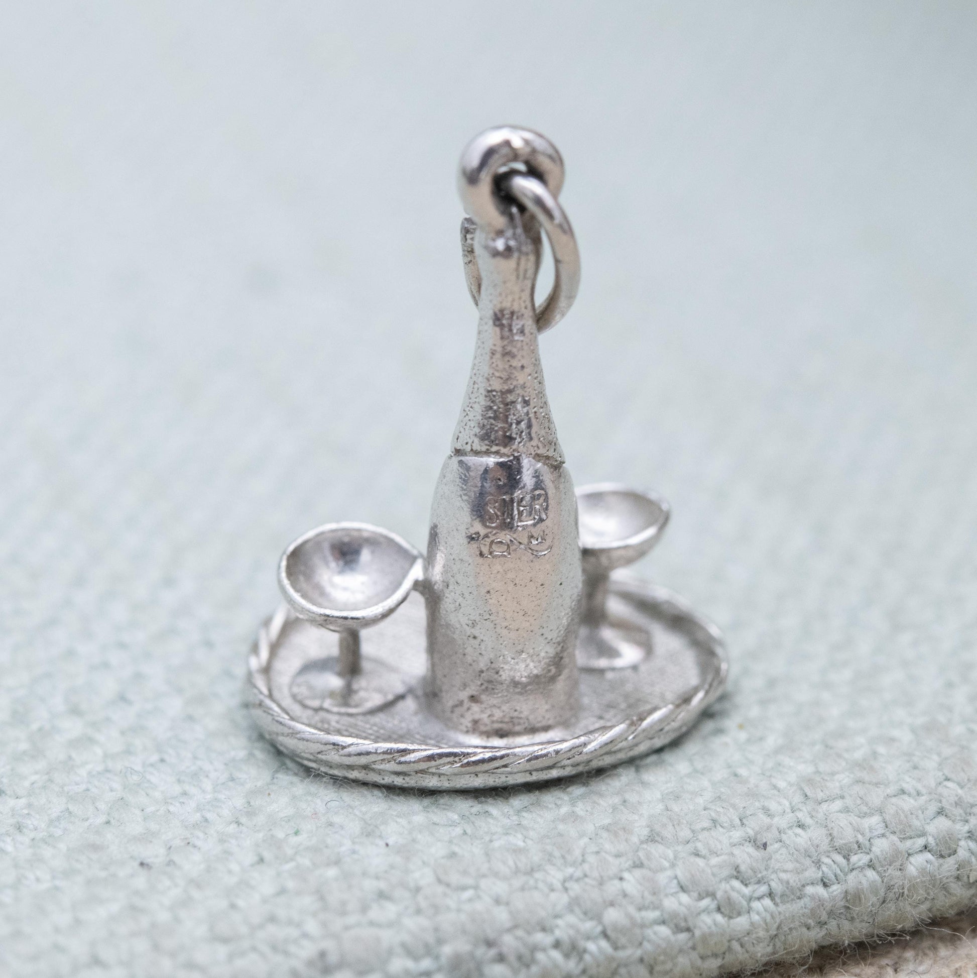 Vintage Sterling Silver Champagne and Goblets Charm Pendant - Detailed and Textured | Souvenir Gift for Charm Bracelet