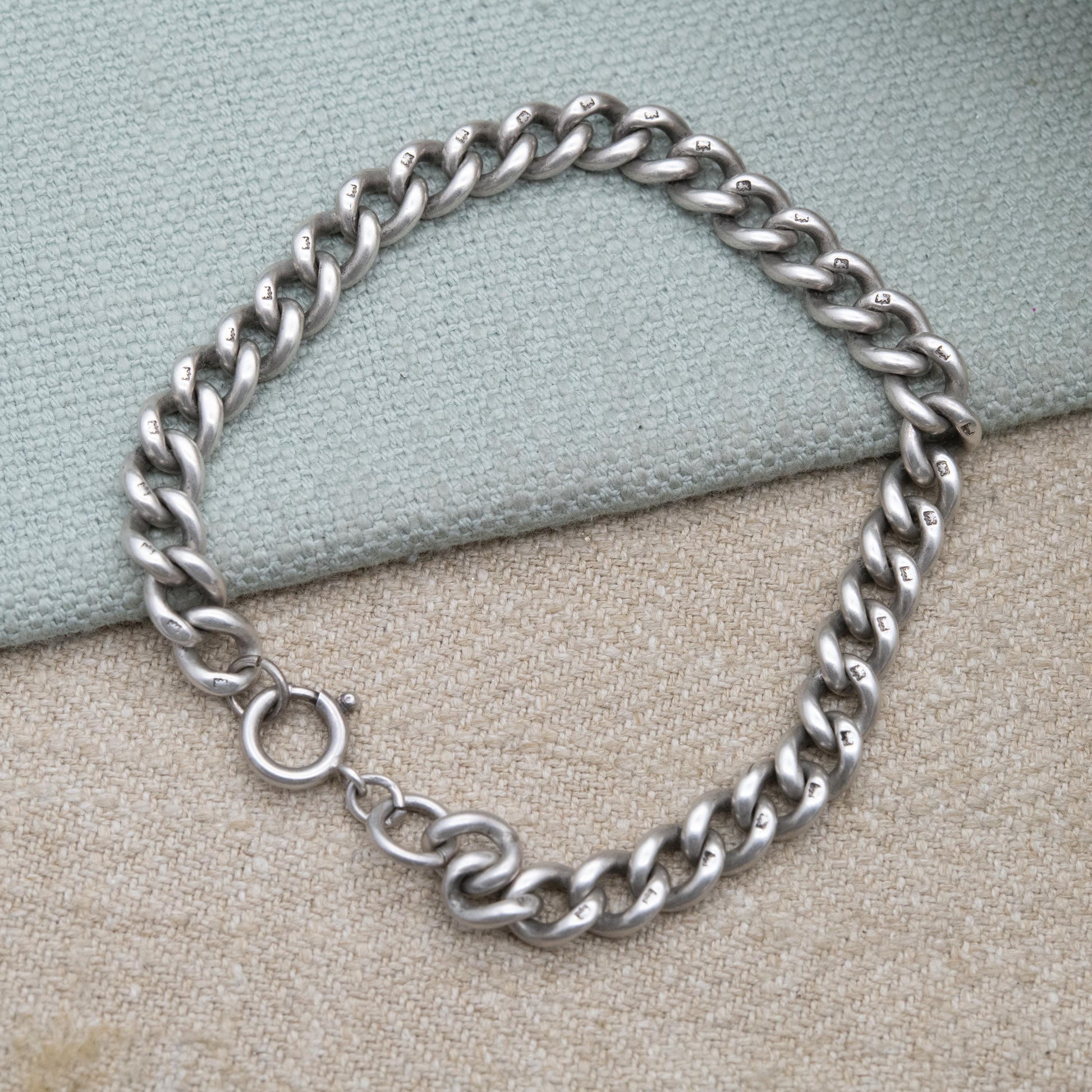 Antique Victorian Sterling Silver Chain Bracelet - Chunky Curb Stamp to Every Link | Empty Charm Bracelet