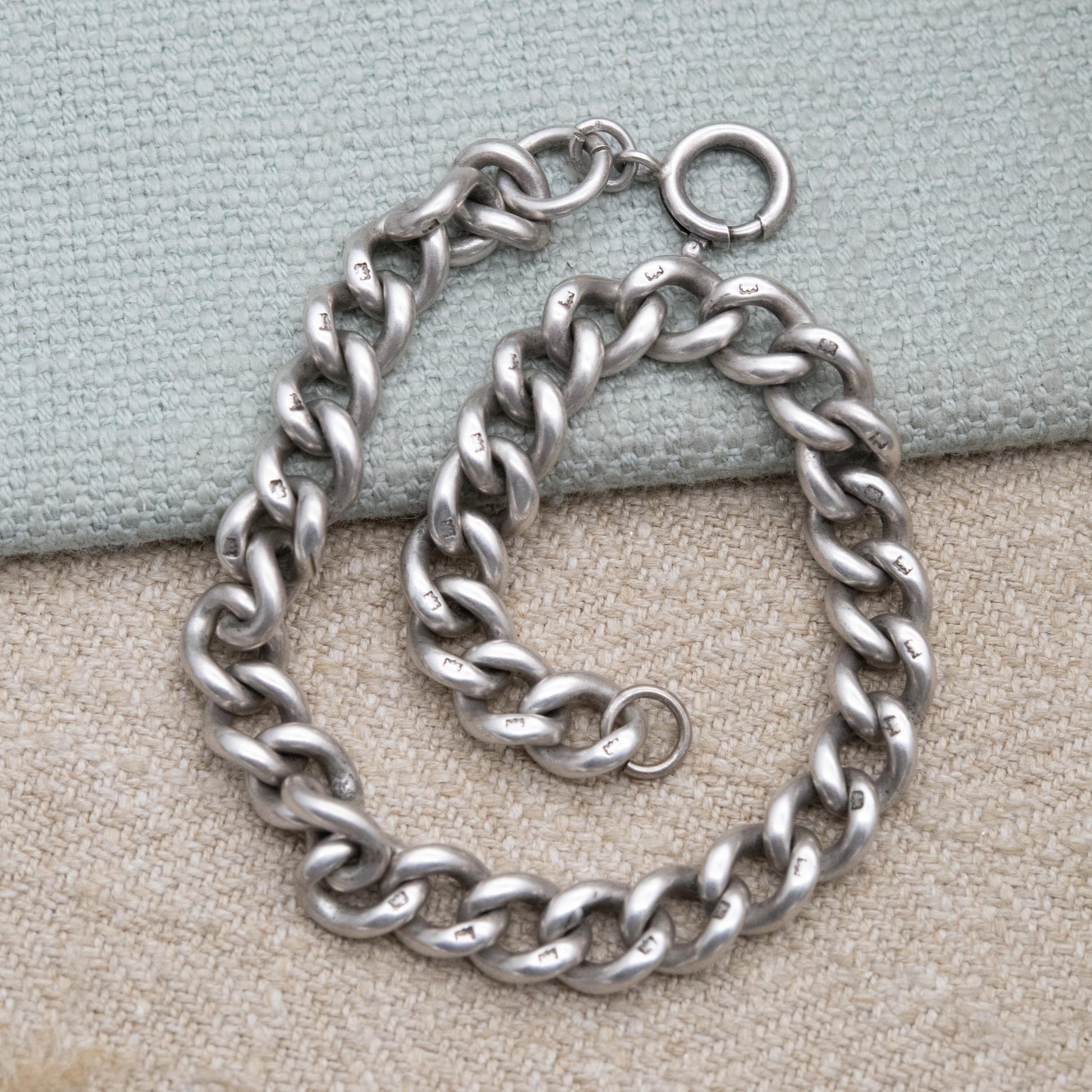 Antique Victorian Sterling Silver Chain Bracelet - Chunky Curb Stamp to Every Link | Empty Charm Bracelet