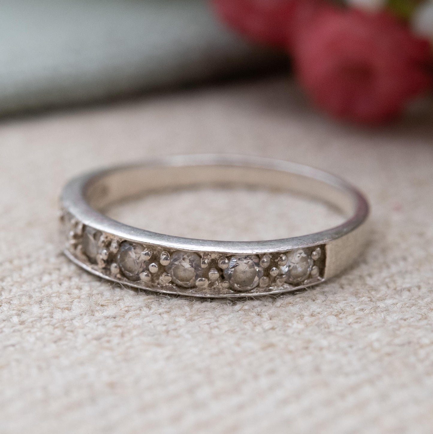 Vintage Sterling Silver Half Eternity Ring with CZ Stones - Minimal Y2K Design Flush Setting Band | UK Size - P | US Size - 7 1/2