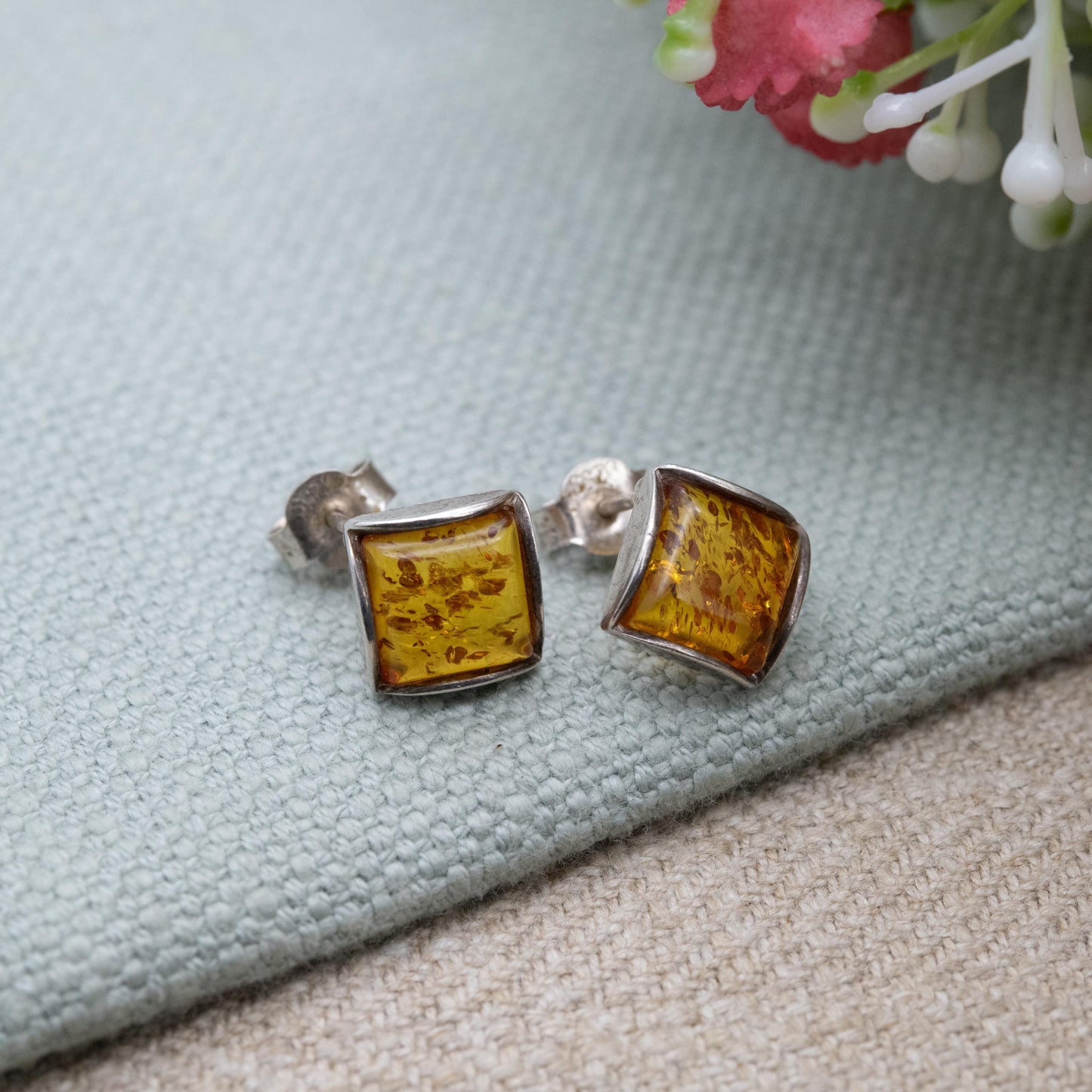 Vintage Sterling Silver Amber Stud Earrings - Cute Square Orange Gemstone Studs | Pretty Gift for Her | Butterfly Backs