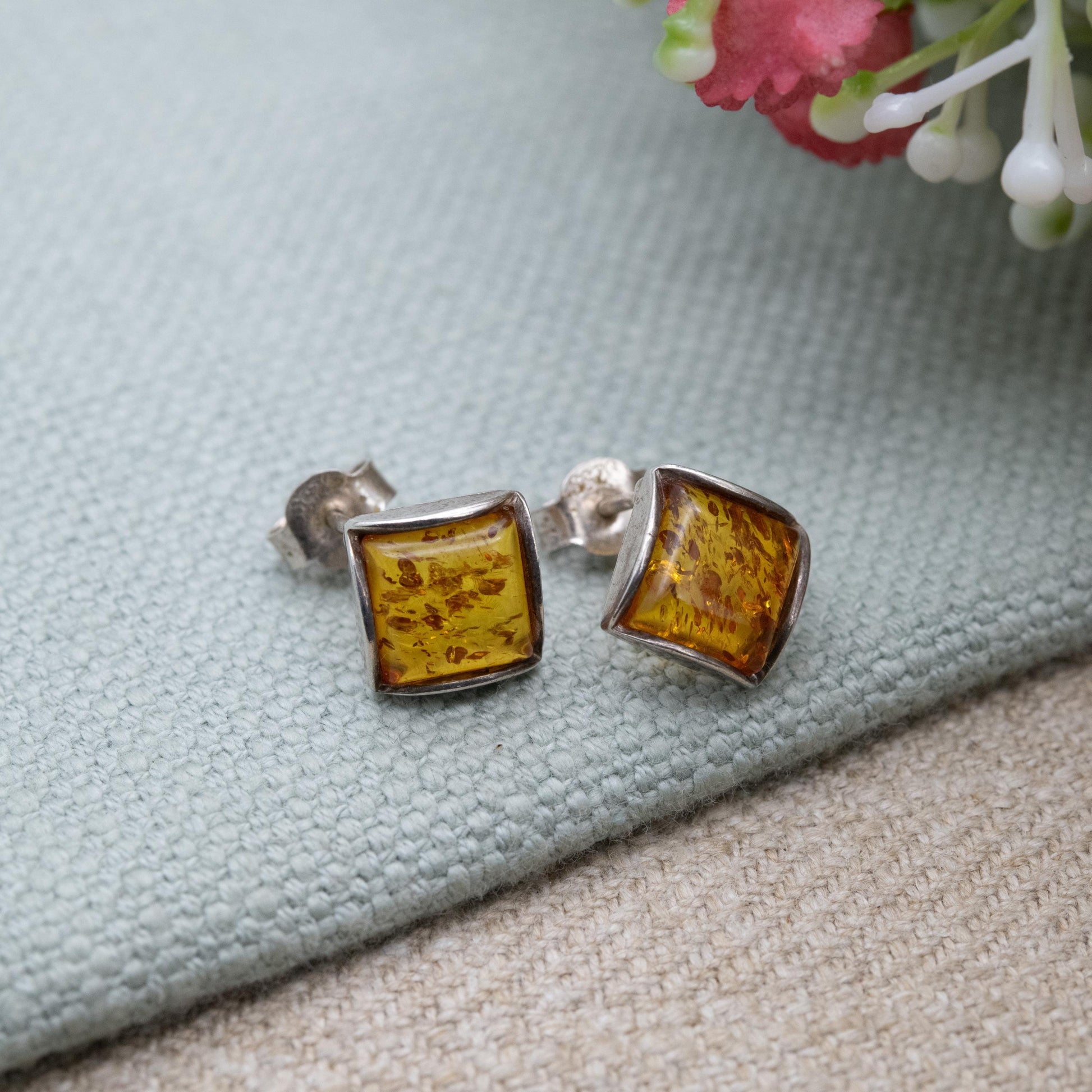 Vintage Sterling Silver Amber Stud Earrings - Cute Square Orange Gemstone Studs | Pretty Gift for Her | Butterfly Backs