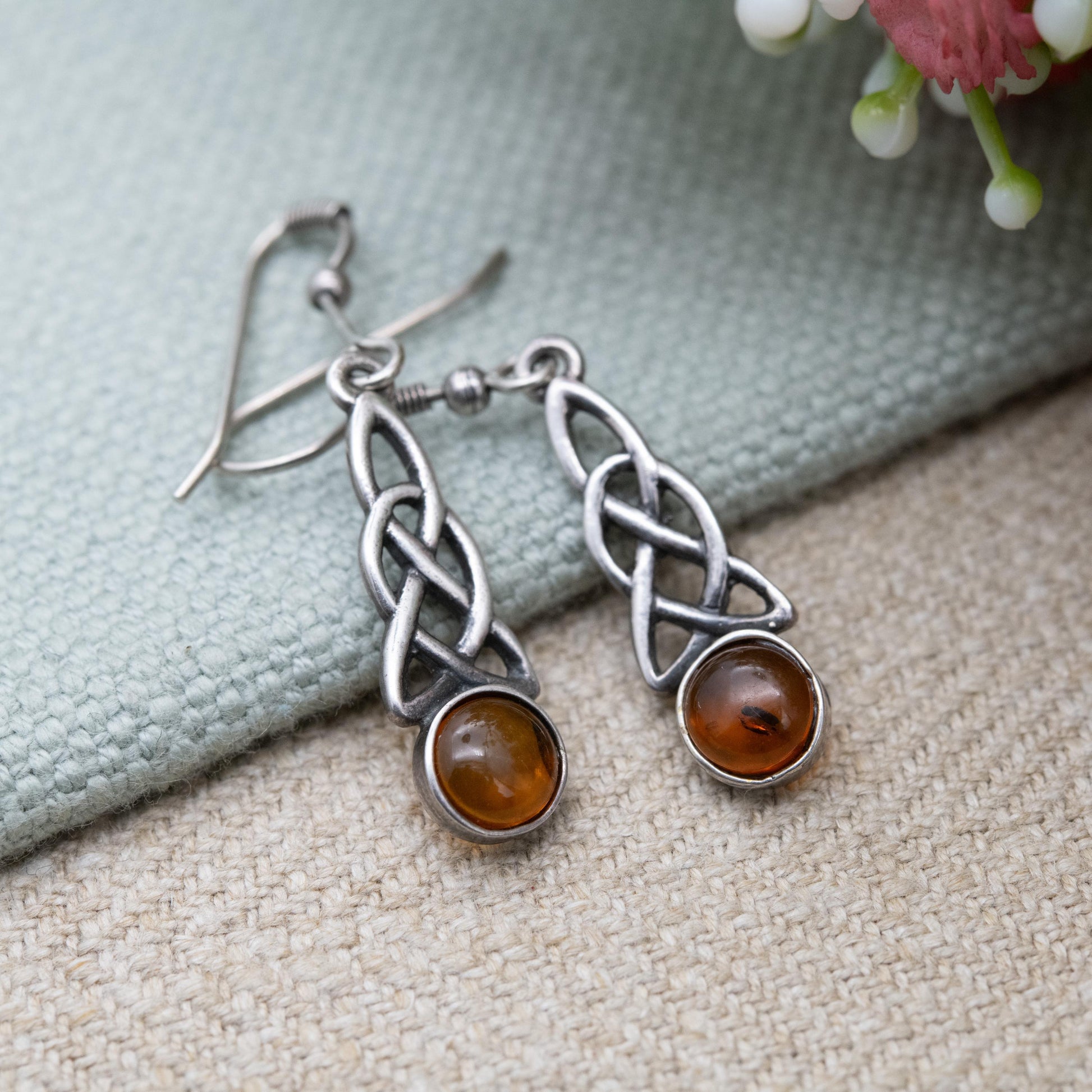 Vintage Sterling Silver and Amber Celtic Drop Earrings - Orange Gemstone | Minimal Dangle Earrings | Gift for Her