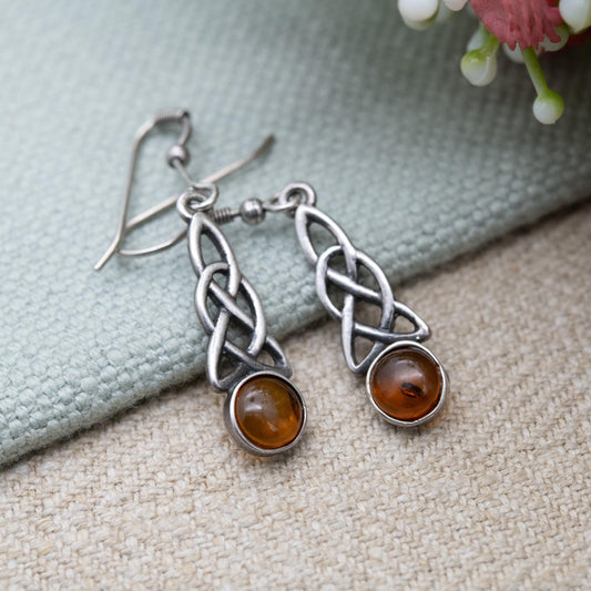 Vintage Sterling Silver and Amber Celtic Drop Earrings - Orange Gemstone | Minimal Dangle Earrings | Gift for Her