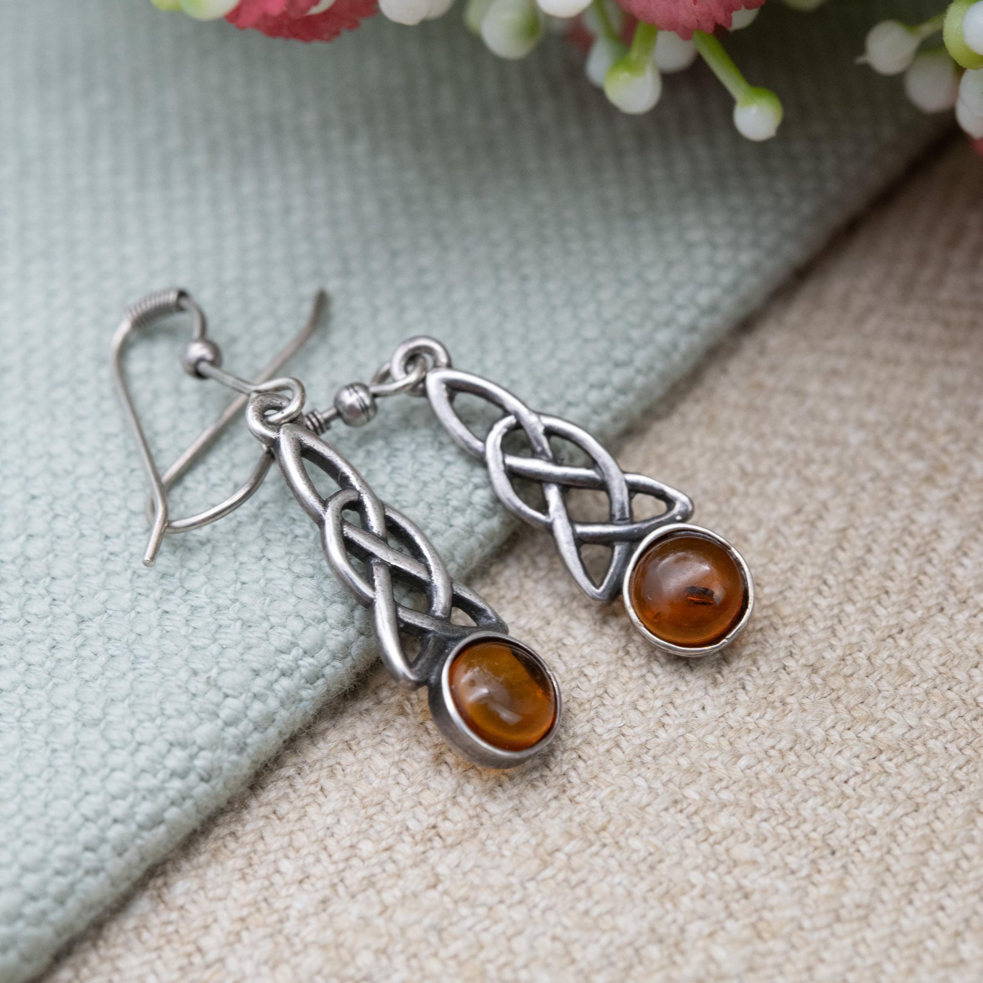 Vintage Sterling Silver and Amber Celtic Drop Earrings - Orange Gemstone | Minimal Dangle Earrings | Gift for Her