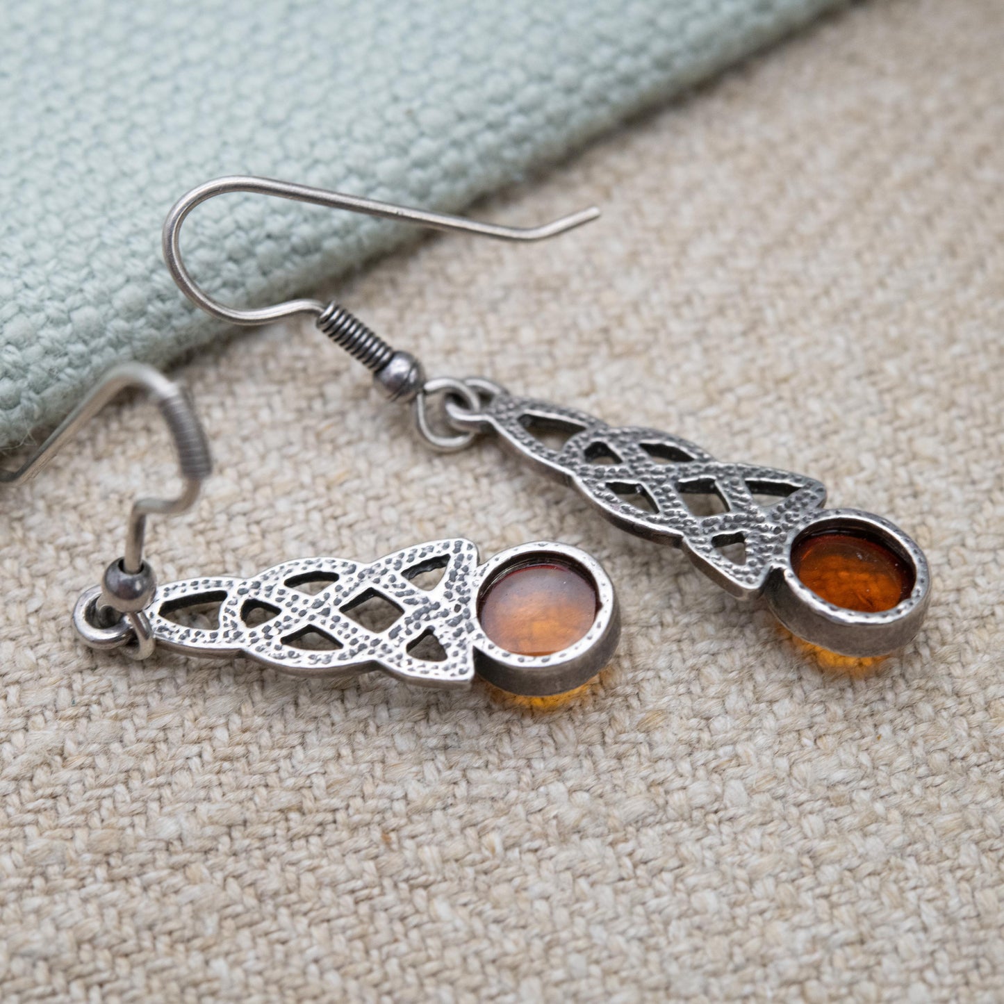 Vintage Sterling Silver and Amber Celtic Drop Earrings - Orange Gemstone | Minimal Dangle Earrings | Gift for Her