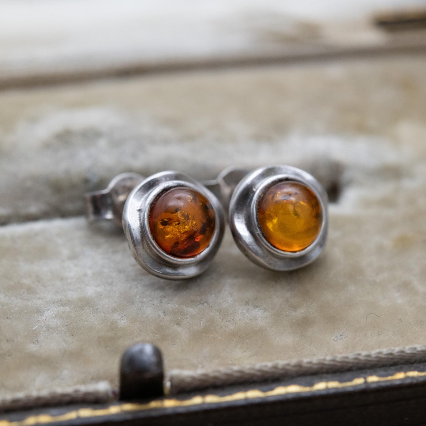 Vintage Sterling Silver and Amber Stud Earrings - Orange Gemstone with Wavy Minimalist Settings | Cute Gift for Her
