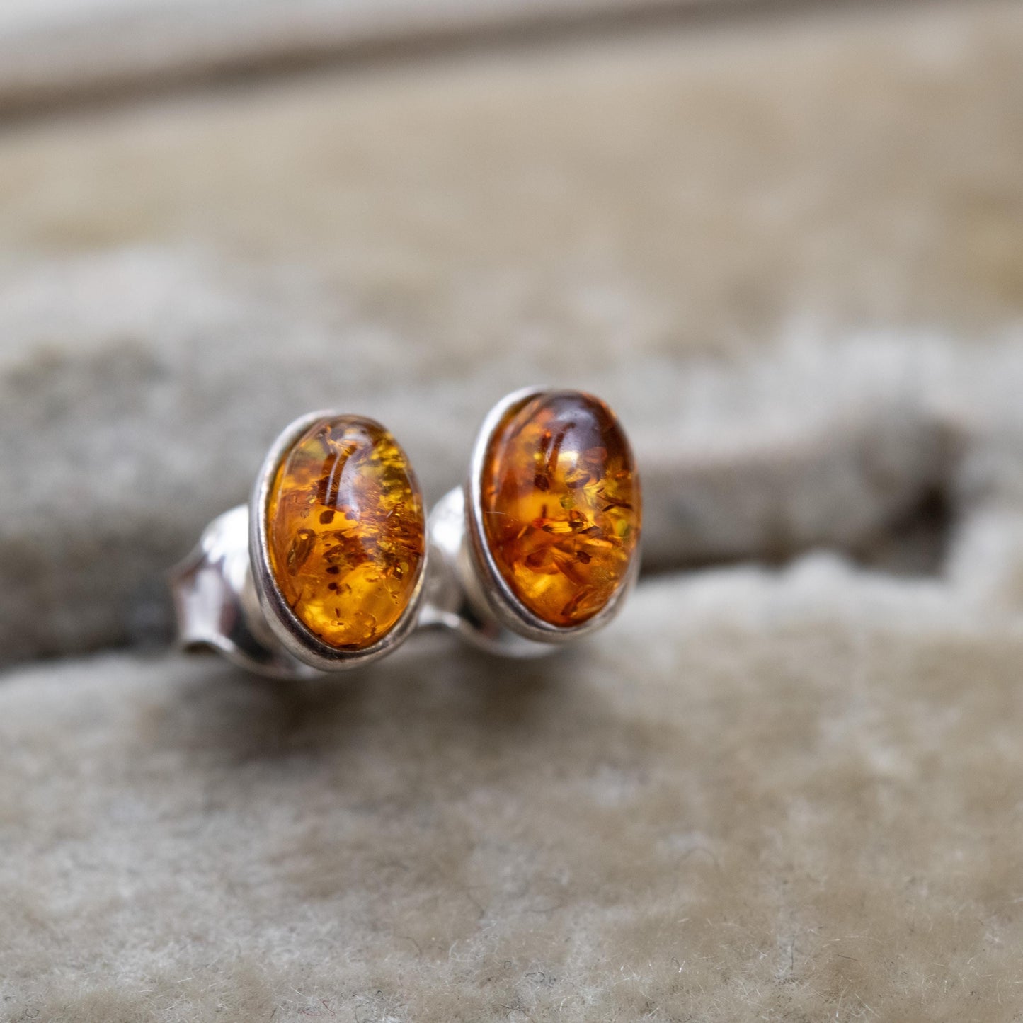 Vintage Sterling Silver and Amber Stud Earrings - Small Orange Cabochon Gemstones | Baltic Amber | Minimalist Earrings | Gift for Her