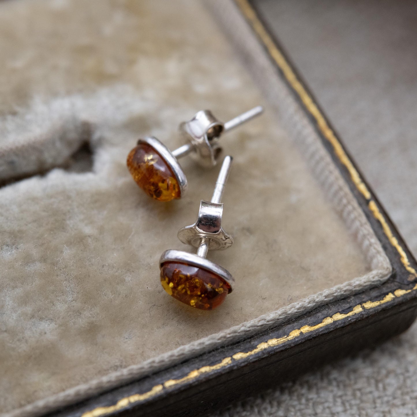 Vintage Sterling Silver and Amber Stud Earrings - Small Orange Cabochon Gemstones | Baltic Amber | Minimalist Earrings | Gift for Her