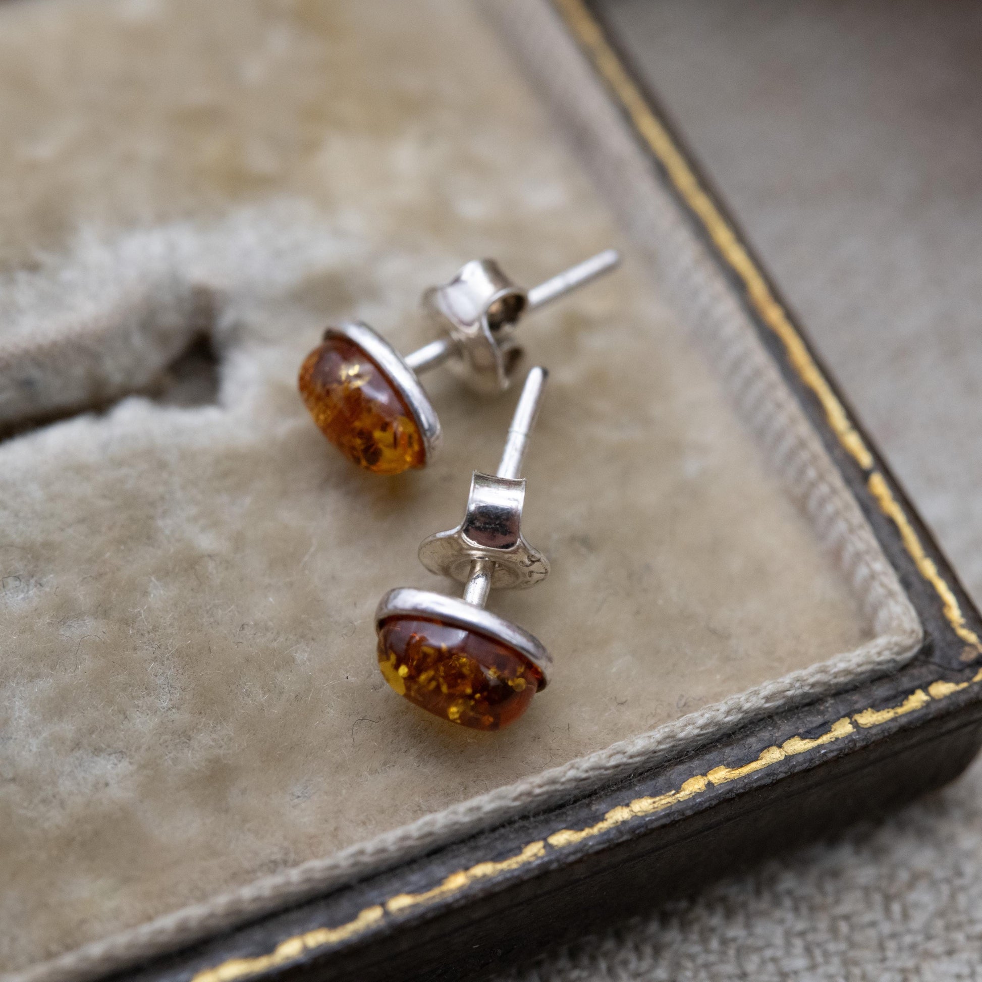 Vintage Sterling Silver and Amber Stud Earrings - Small Orange Cabochon Gemstones | Baltic Amber | Minimalist Earrings | Gift for Her