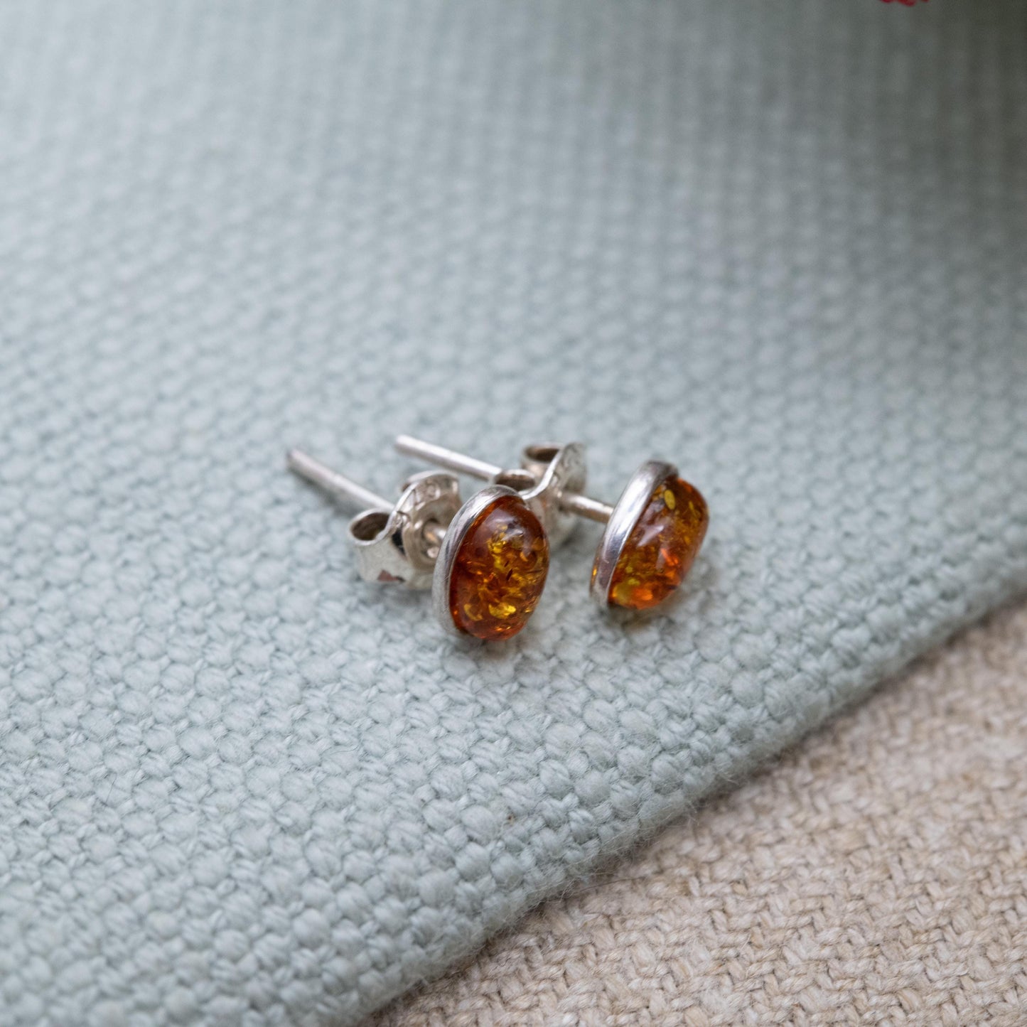 Vintage Sterling Silver and Amber Stud Earrings - Small Orange Cabochon Gemstones | Baltic Amber | Minimalist Earrings | Gift for Her