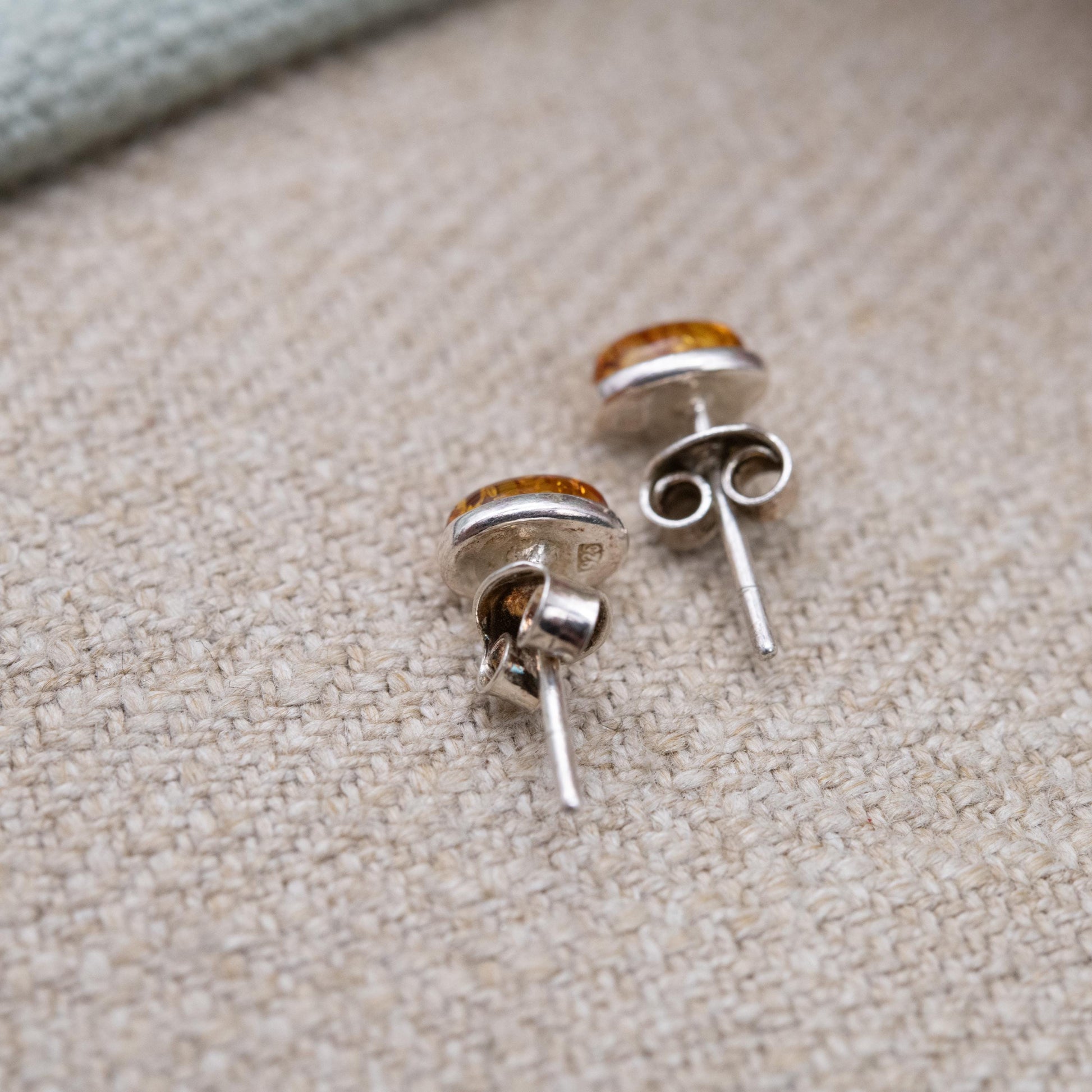 Vintage Sterling Silver and Amber Stud Earrings - Small Orange Cabochon Gemstones | Baltic Amber | Minimalist Earrings | Gift for Her