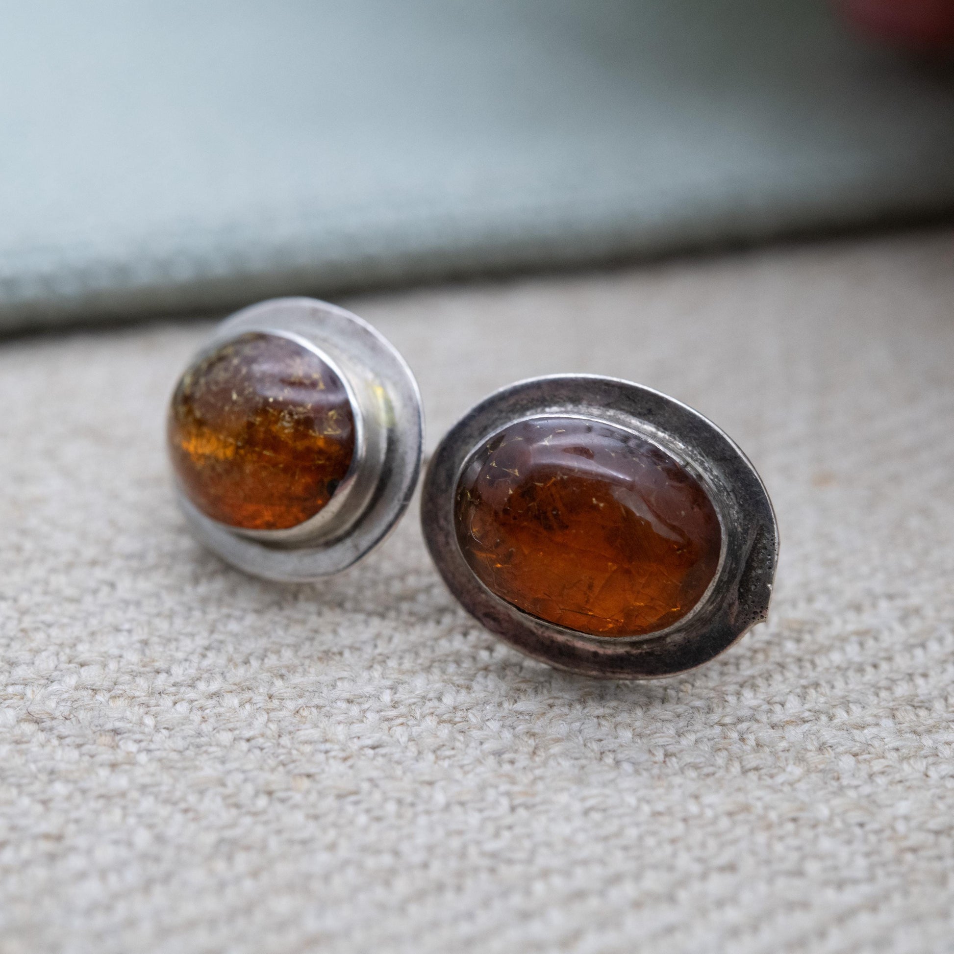 Vintage Sterling Silver and Amber Stud Earrings - Orange Gemstone with Minimalist Setting | Baltic Amber | Gift for Her