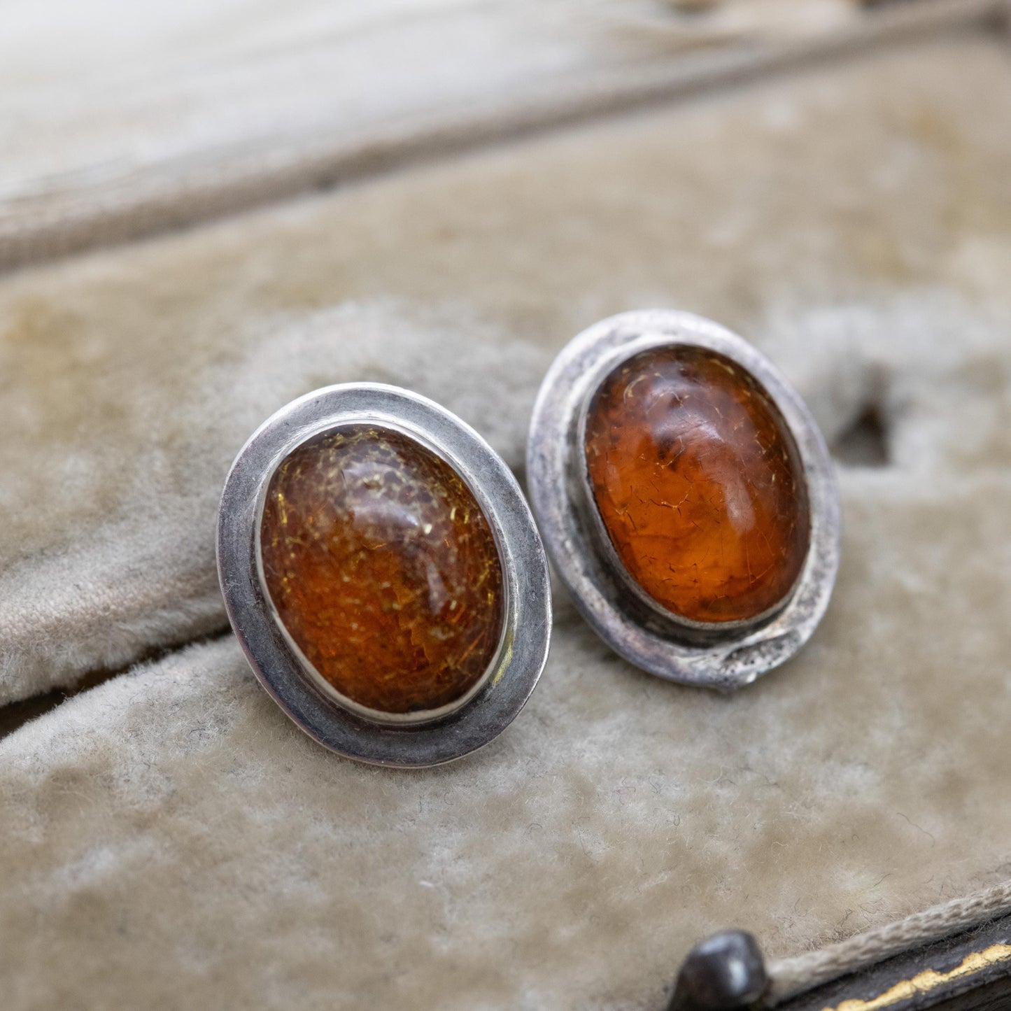 Vintage Sterling Silver and Amber Stud Earrings - Orange Gemstone with Minimalist Setting | Baltic Amber | Gift for Her