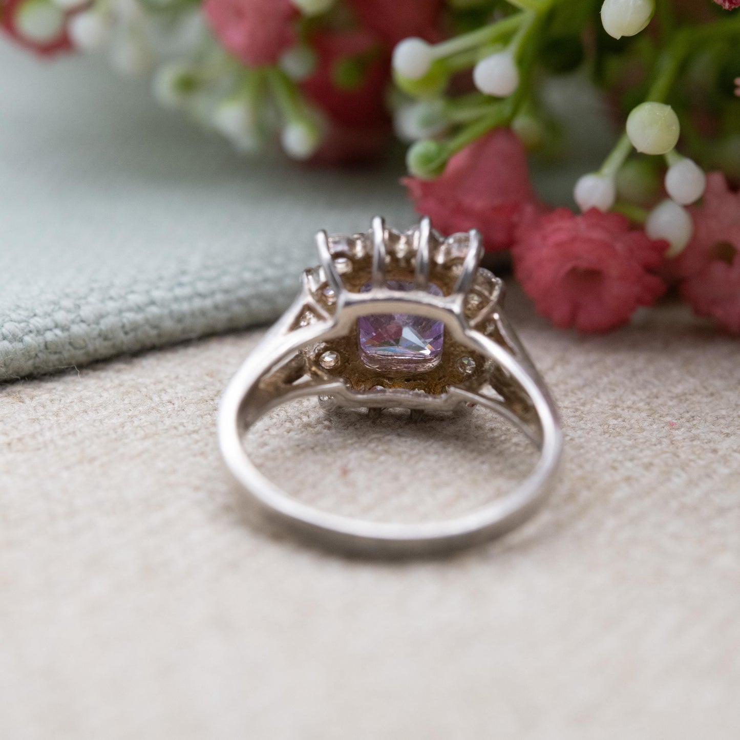 Vintage Sterling Silver Purple CZ Halo Solitaire Ring - Statement Cocktail Ring | UK Size - P | US Size - 7 3/4