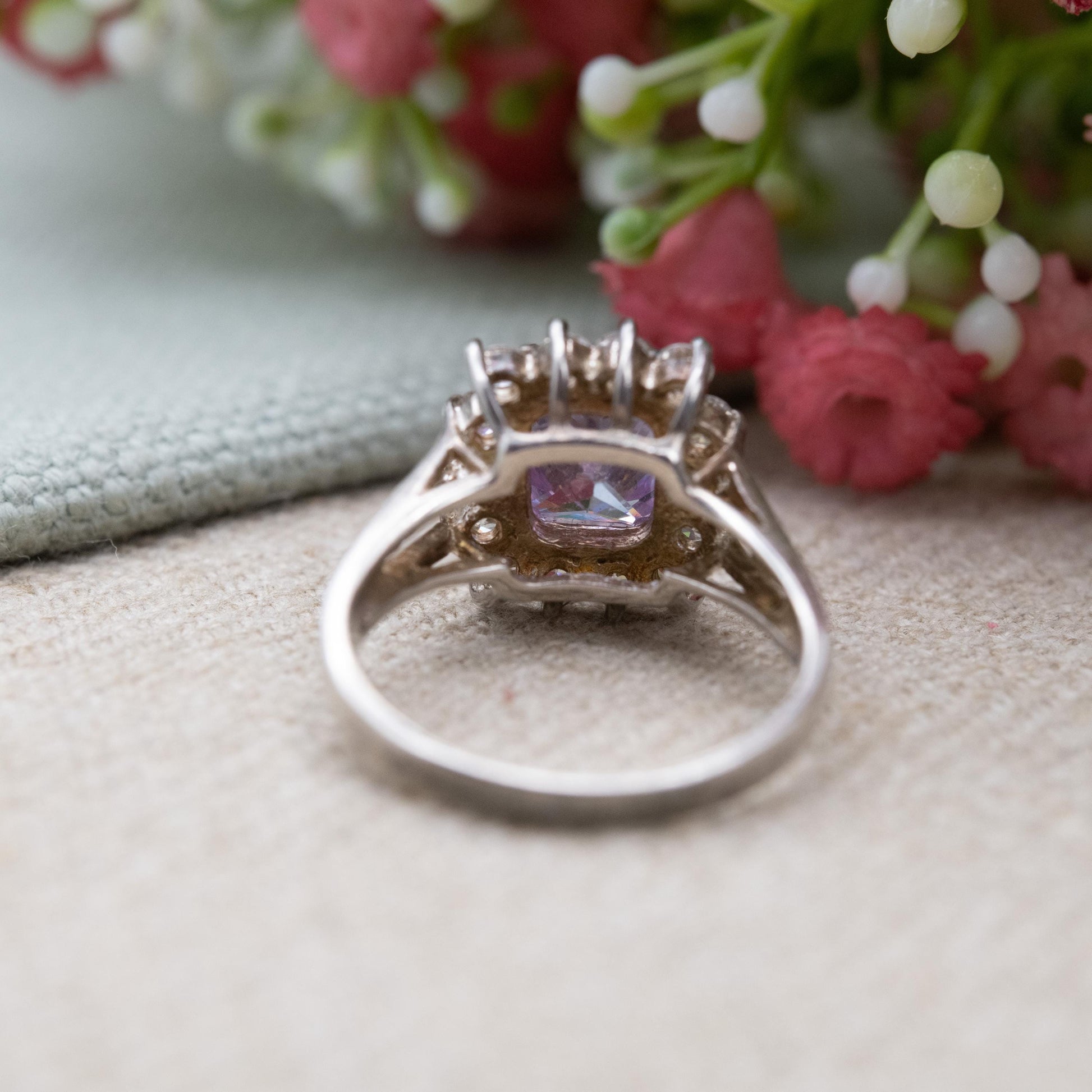 Vintage Sterling Silver Purple CZ Halo Solitaire Ring - Statement Cocktail Ring | UK Size - P | US Size - 7 3/4