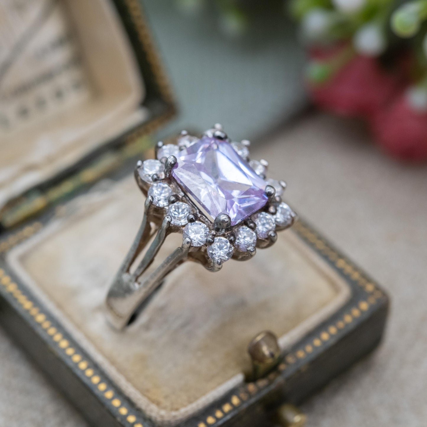 Vintage Sterling Silver Purple CZ Halo Solitaire Ring - Statement Cocktail Ring | UK Size - P | US Size - 7 3/4