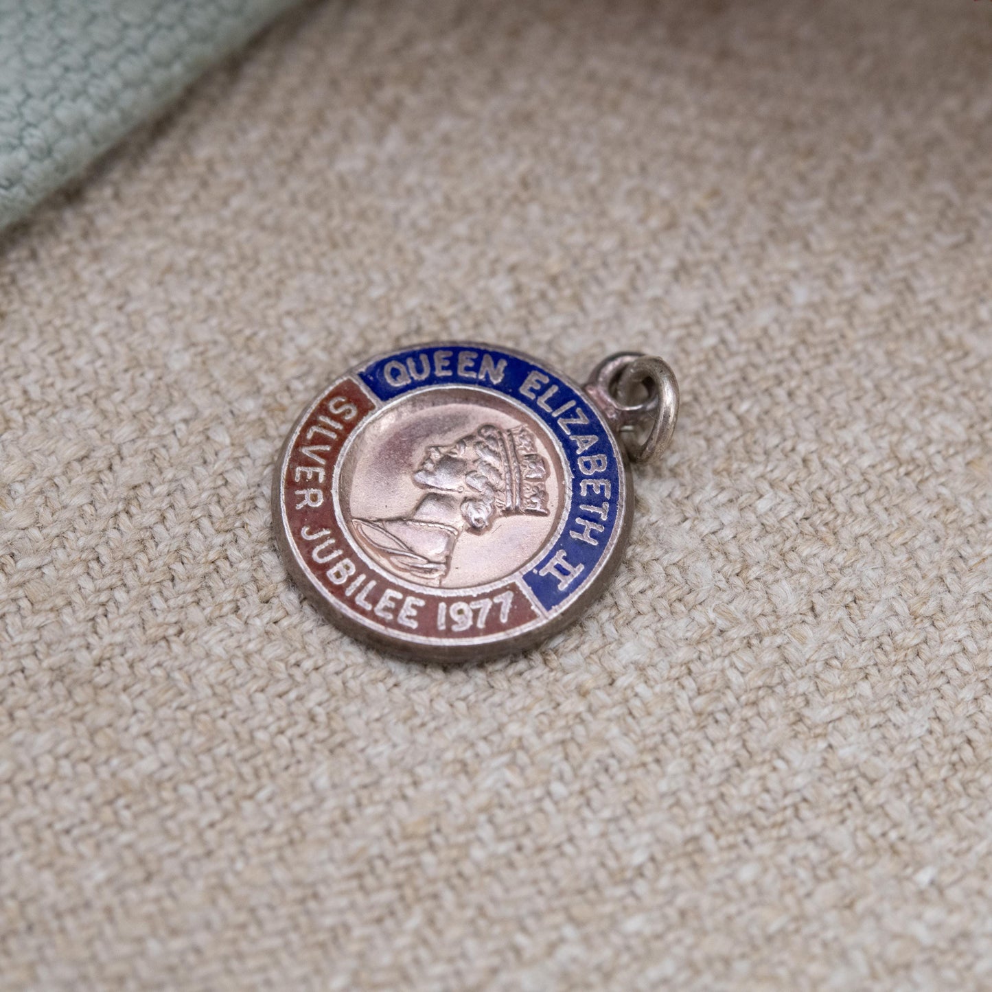 Vintage Sterling Silver Elizabeth II Charm Pendant Silver Jubilee 1977 - Mid Century Royal Souvenir | Blue and Red Enamel | Queen Elizabeth