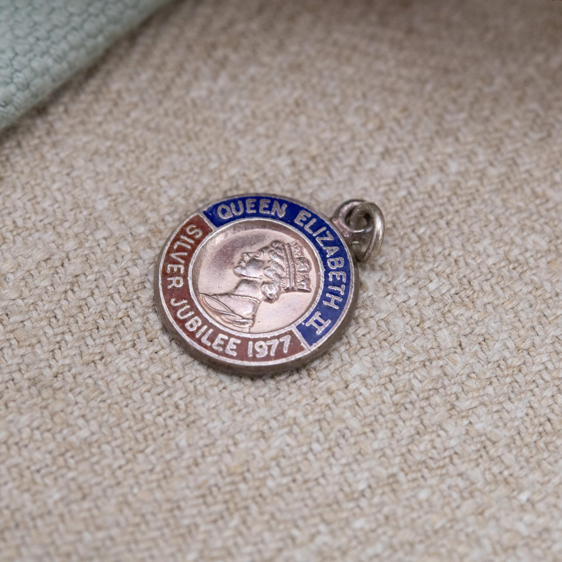 Vintage Sterling Silver Elizabeth II Charm Pendant Silver Jubilee 1977 - Mid Century Royal Souvenir | Blue and Red Enamel | Queen Elizabeth