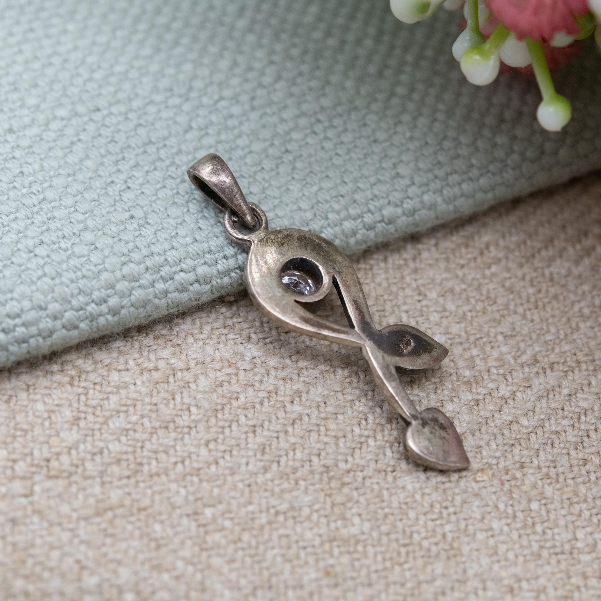 Vintage Sterling Silver Clear Stone Openwork Floral Pendant - Mackintosh | Minimalist Solid Silver | Gift for Her Necklace Chain