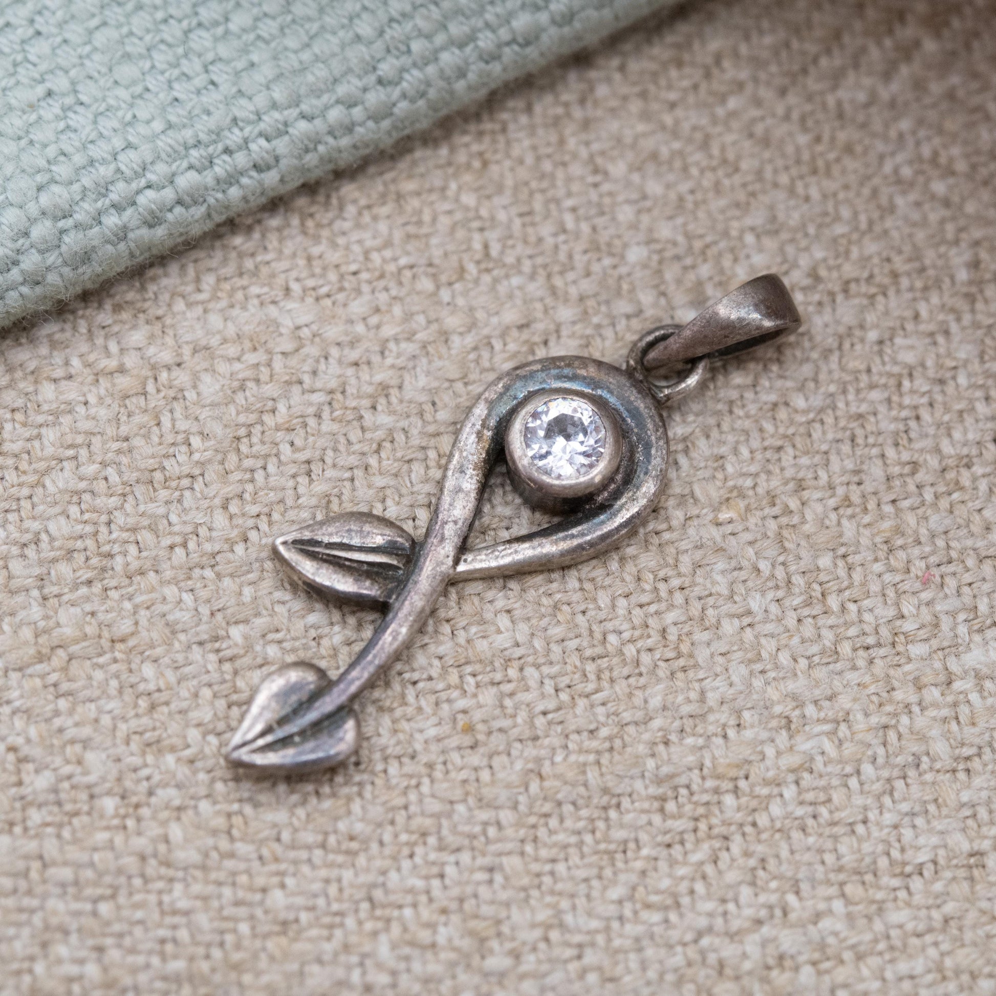 Vintage Sterling Silver Clear Stone Openwork Floral Pendant - Mackintosh | Minimalist Solid Silver | Gift for Her Necklace Chain