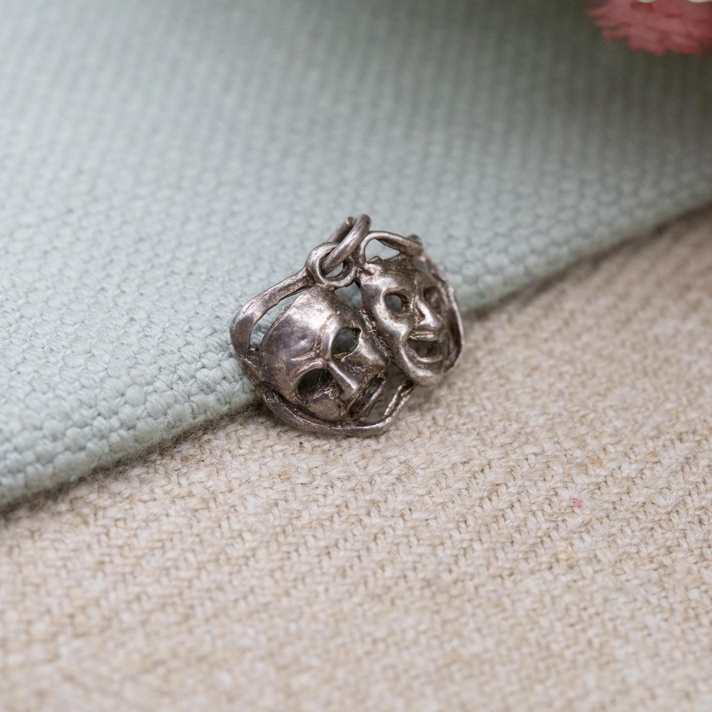 Vintage Sterling Silver Theatre Masks Charm - Sock and Buskin | Thalia and Melpomene Faces Linked | Gift for Charm Bracelet Necklace