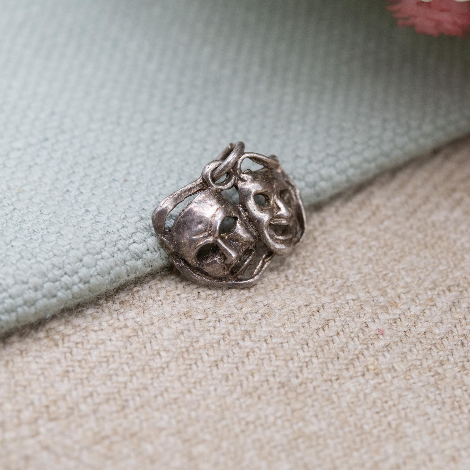 Vintage Sterling Silver Theatre Masks Charm - Sock and Buskin | Thalia and Melpomene Faces Linked | Gift for Charm Bracelet Necklace