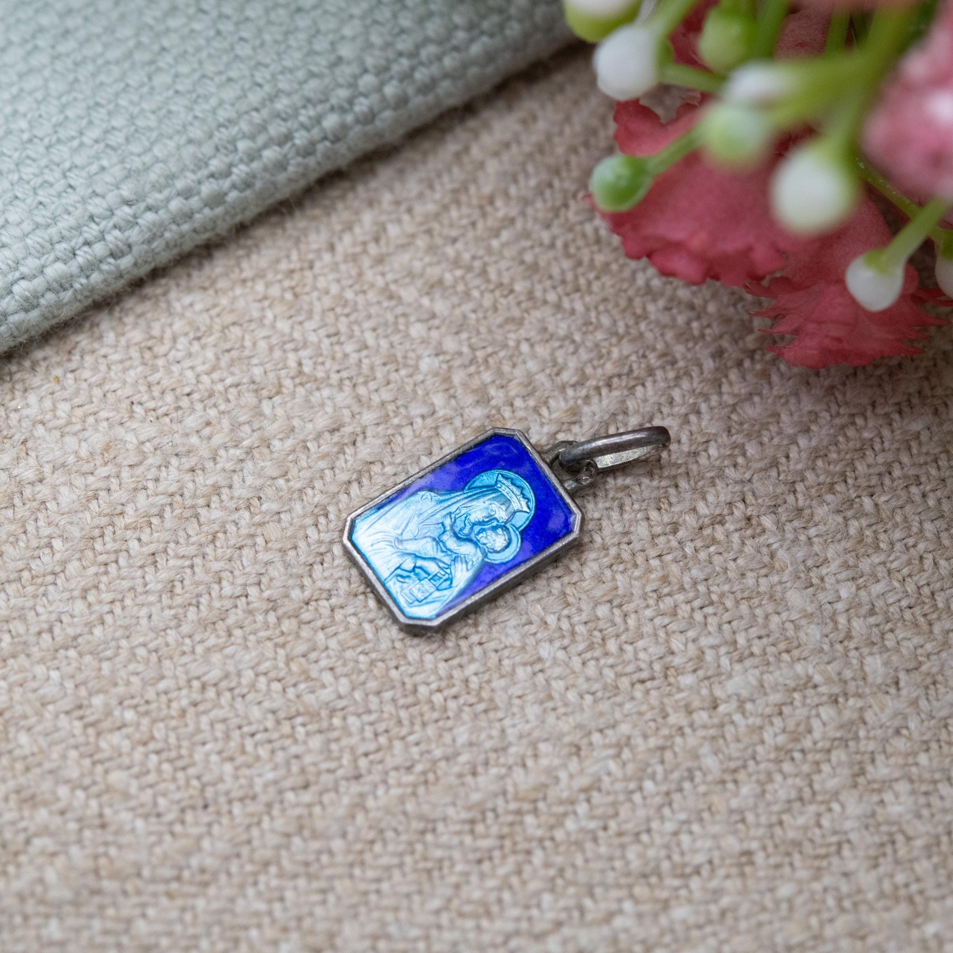 Vintage Silver Blue Enamel Virgin Mary Charm - Virgin Mary Mother and Jesus Christ | Religious Jewellery for Charm Bracelet