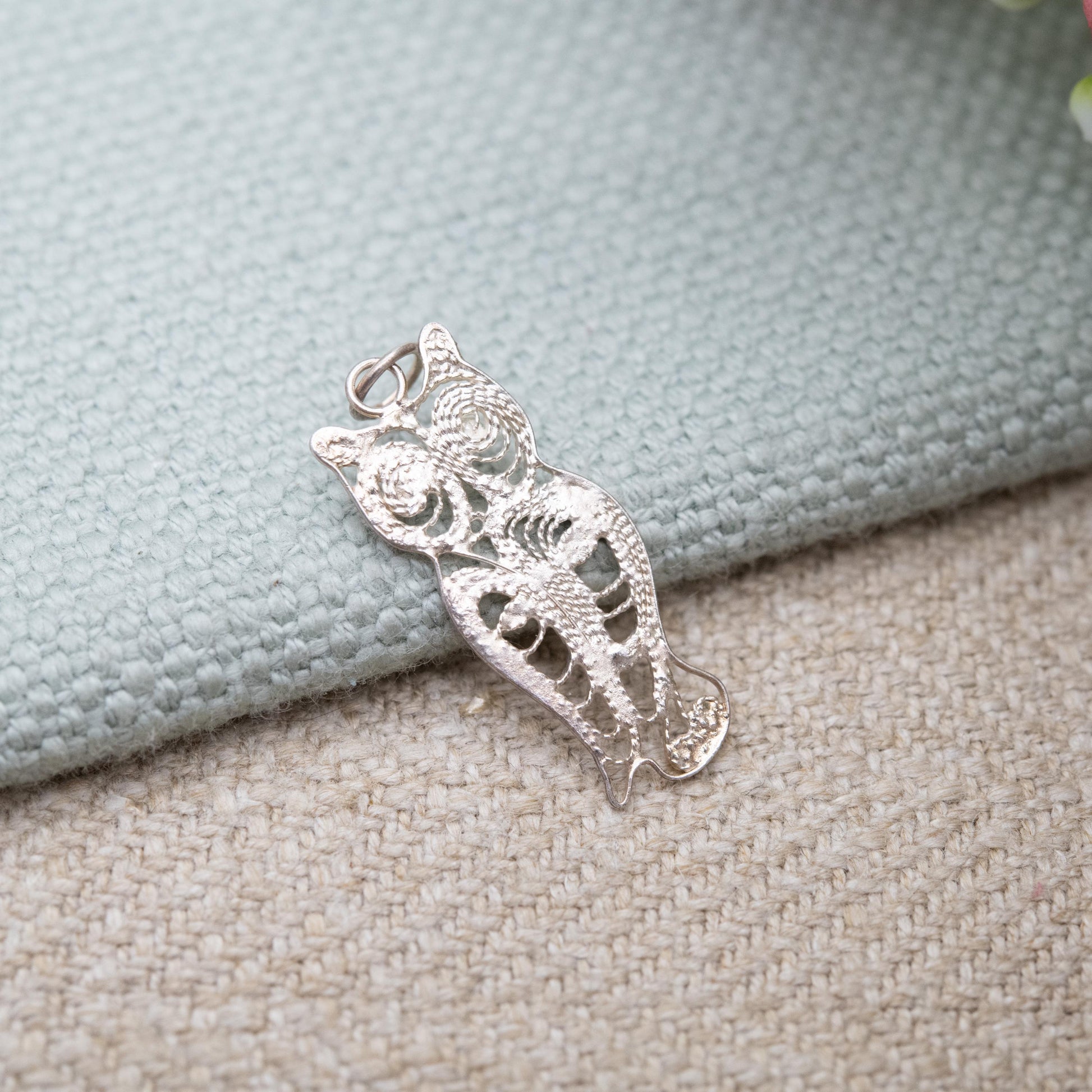 Vintage Silver Filigree Owl Charm Pendant - Cute Animal Nature Lover Gift | Small Charm Bracelet Necklace | Athena Symbol of Wisdom
