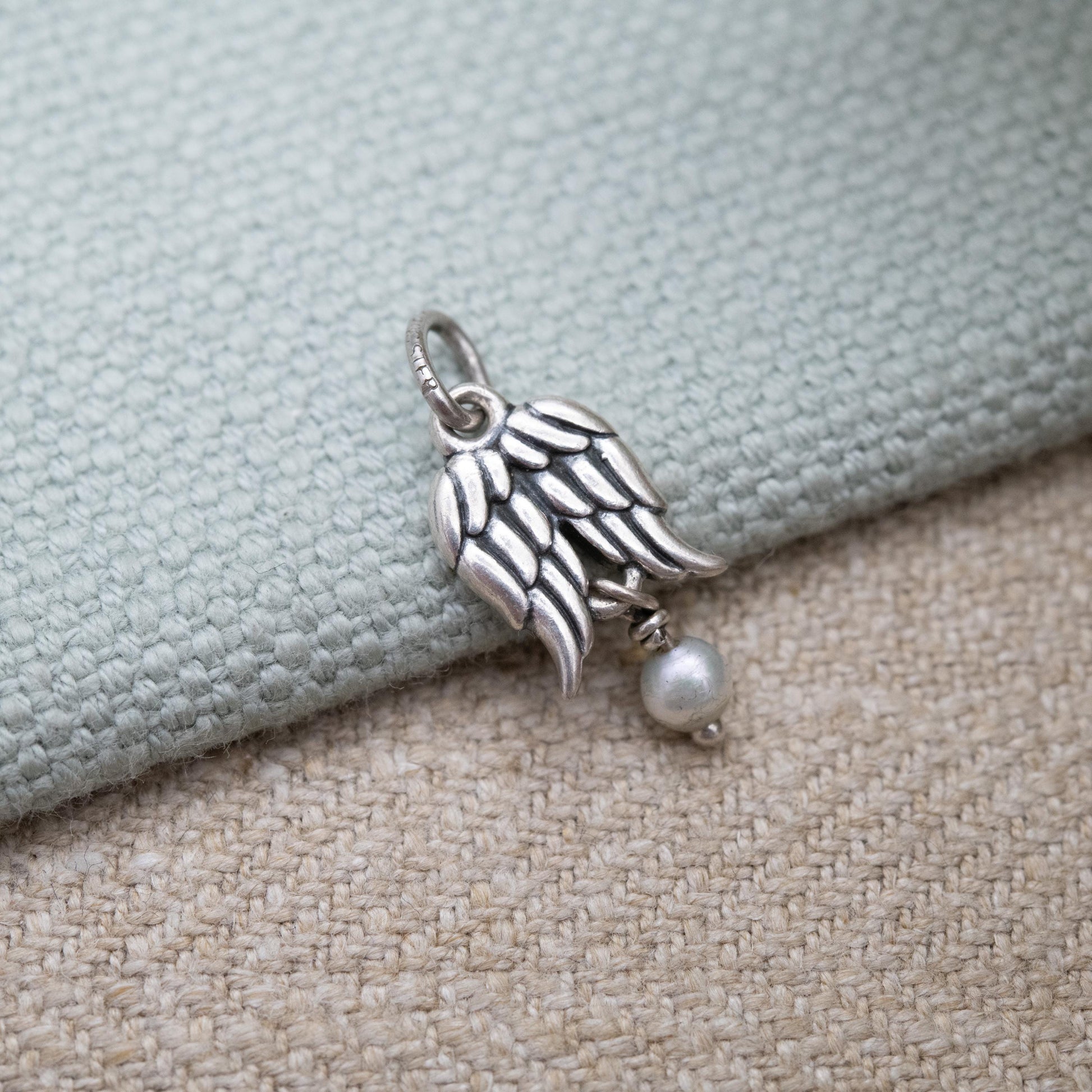 Vintage Sterling Silver Angel Wings Charm Pendant - Lovely Pearl Drop | Gift for Charm Bracelet