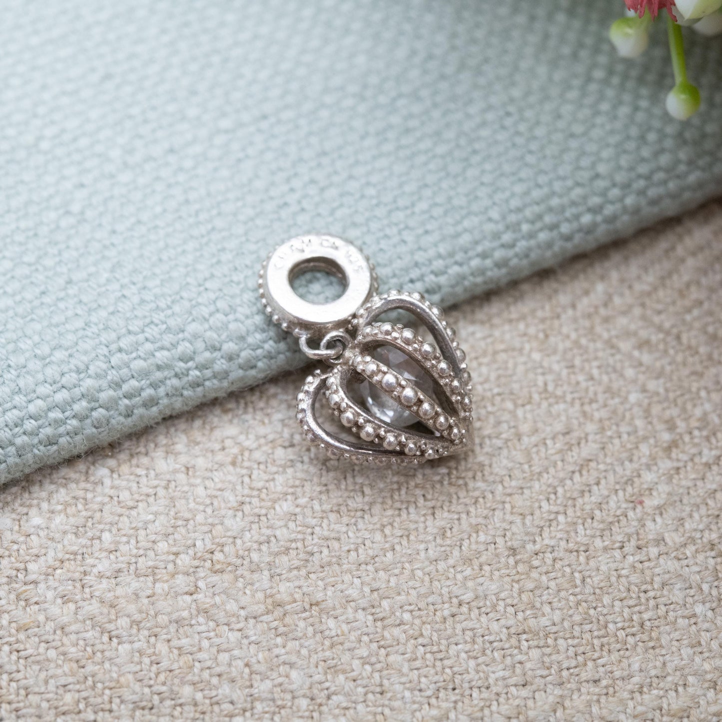 Chamilia Sterling Silver Love Heart Charm Pendant - Detailed Openwork Love Heart | Clear Faceted Stone | Romantic Gift for Bracelet