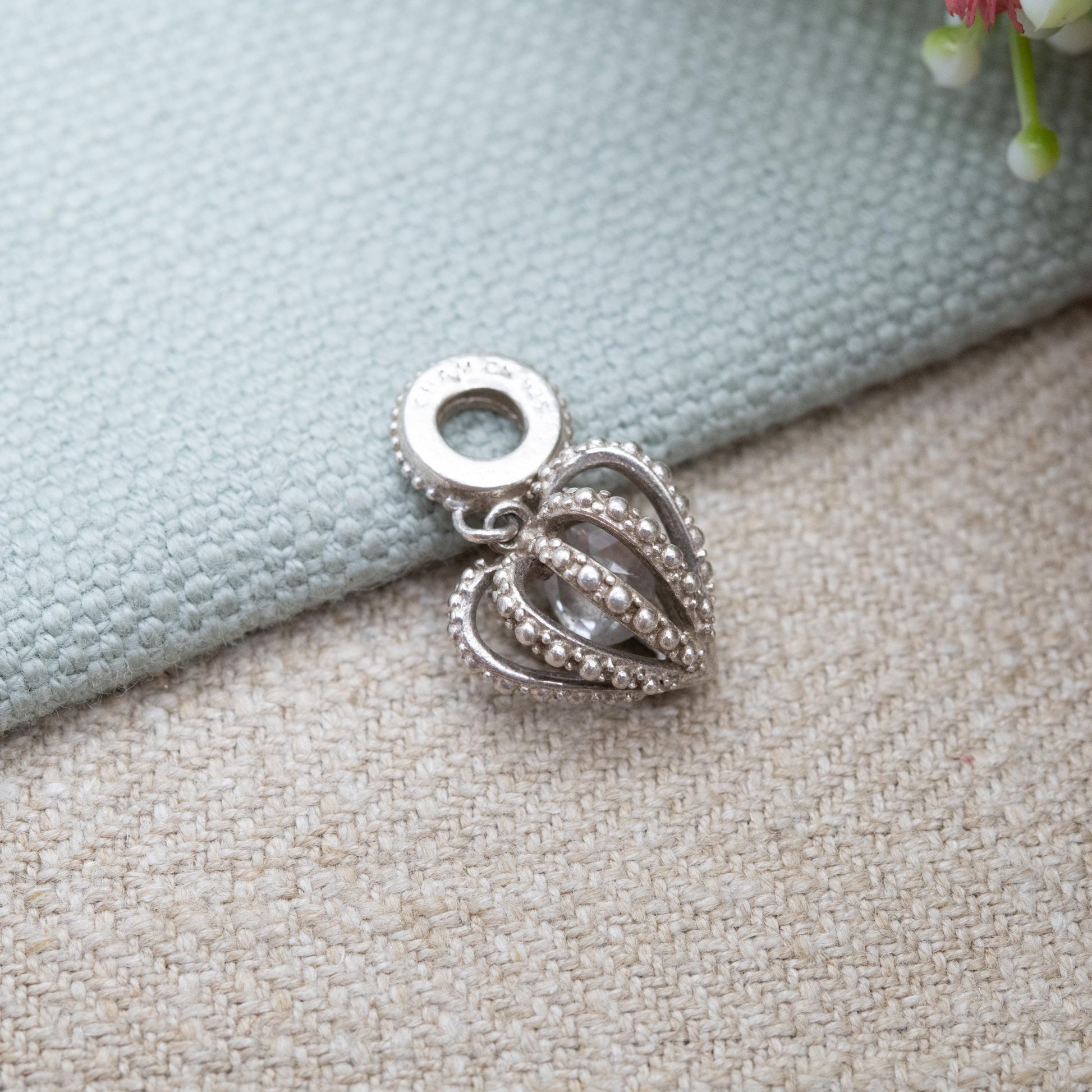 Chamilia Sterling Silver Love Heart Charm Pendant - Detailed Openwork Love Heart | Clear Faceted Stone | Romantic Gift for Bracelet