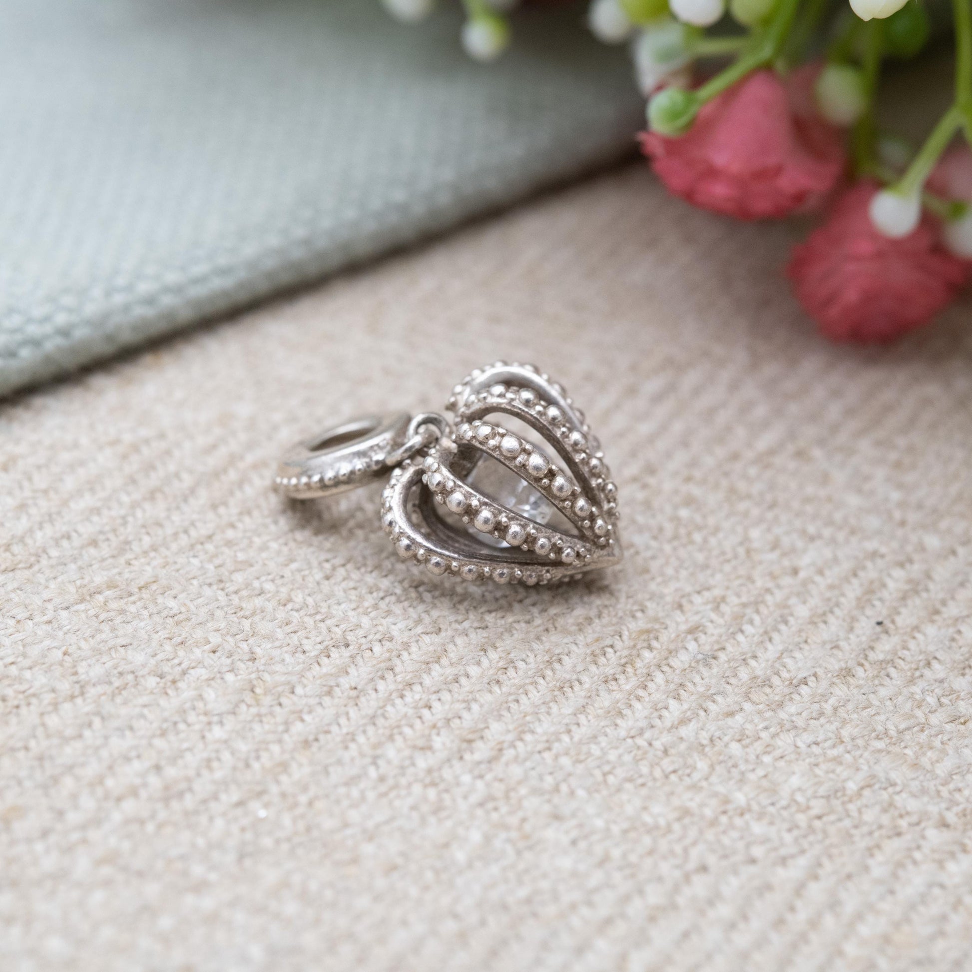 Chamilia Sterling Silver Love Heart Charm Pendant - Detailed Openwork Love Heart | Clear Faceted Stone | Romantic Gift for Bracelet