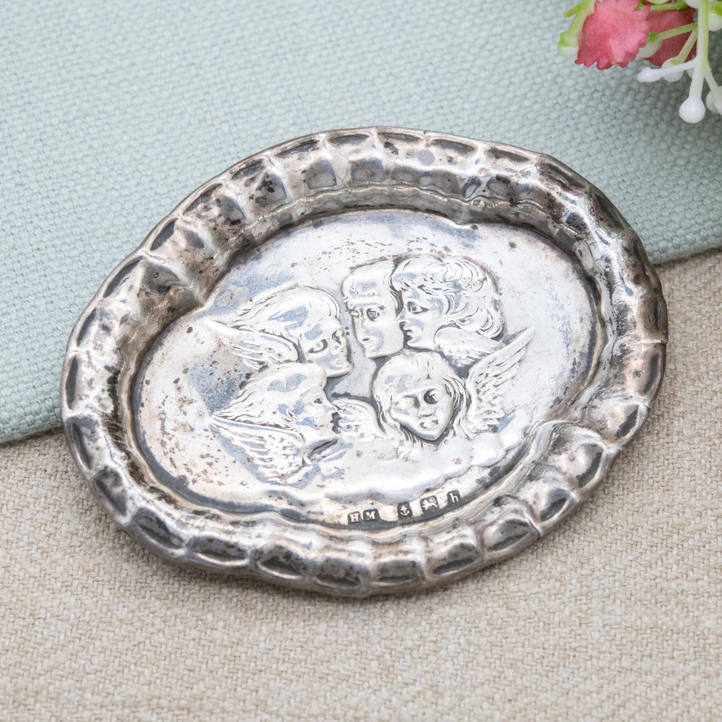 Antique Victorian Sterling Silver Cherub Dish 1907 - Art Nouveau Embossed Putti | Repoussé Silverware | Birmingham Silver Hallmarks