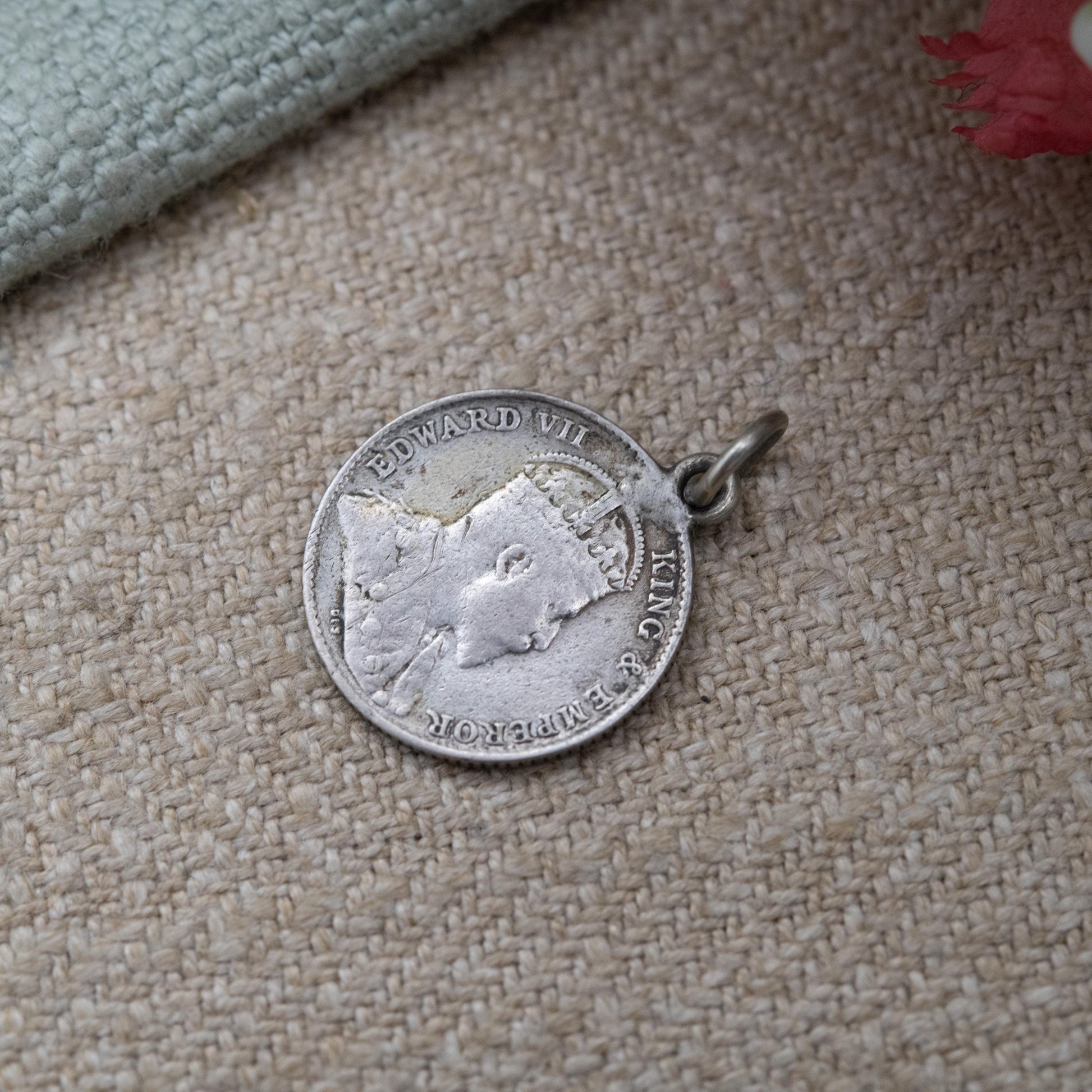Antique Sterling Silver Edward VII Straits Settlements Five Cents Coin Pendant Charm 1910 - Edwardian Silver Coin Jewellery