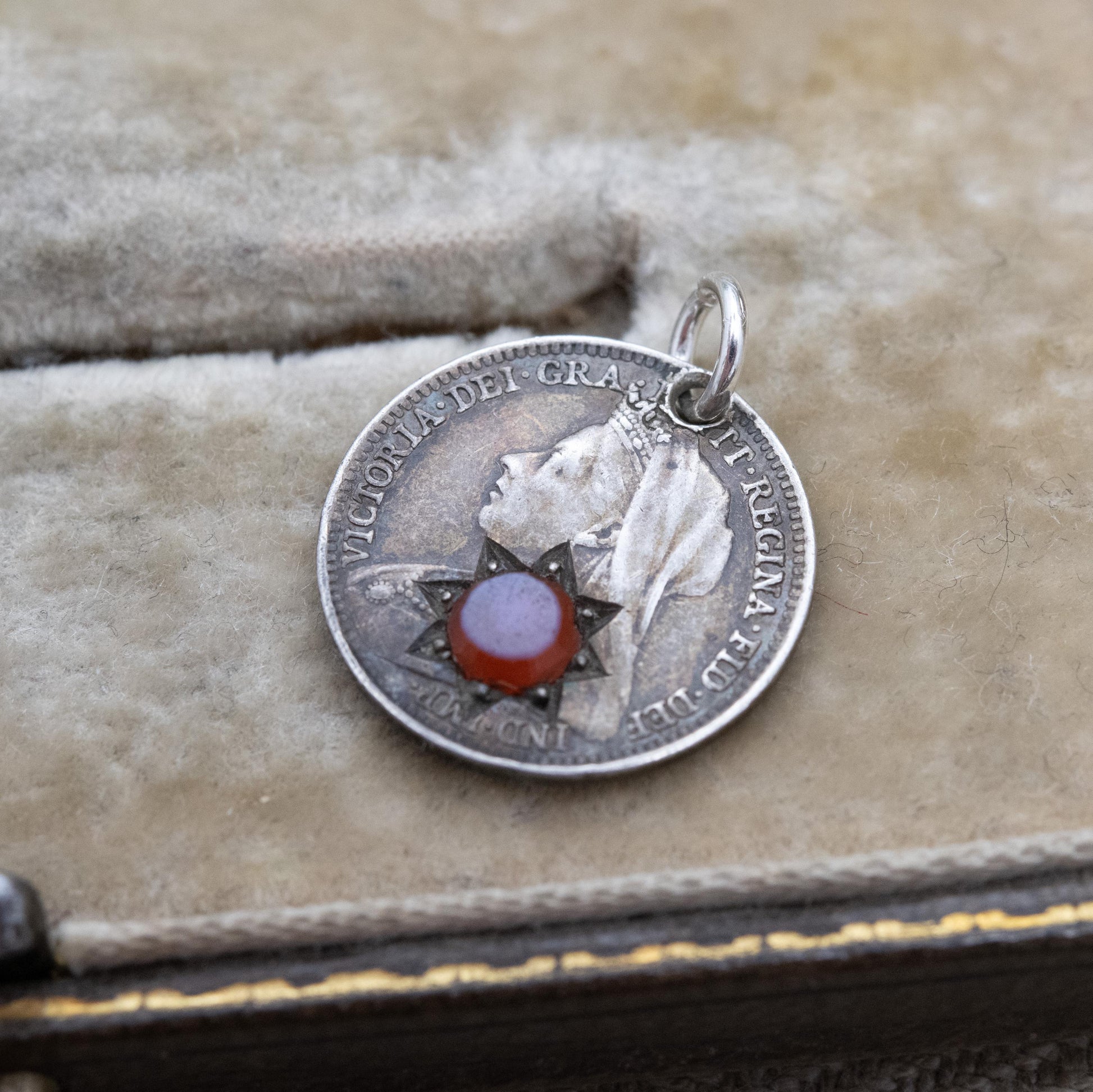 Antique Victorian Sterling Silver Sardonyx Threepence Coin Love Token Charm Pendant 1897 - Pierced Coin Jewellery