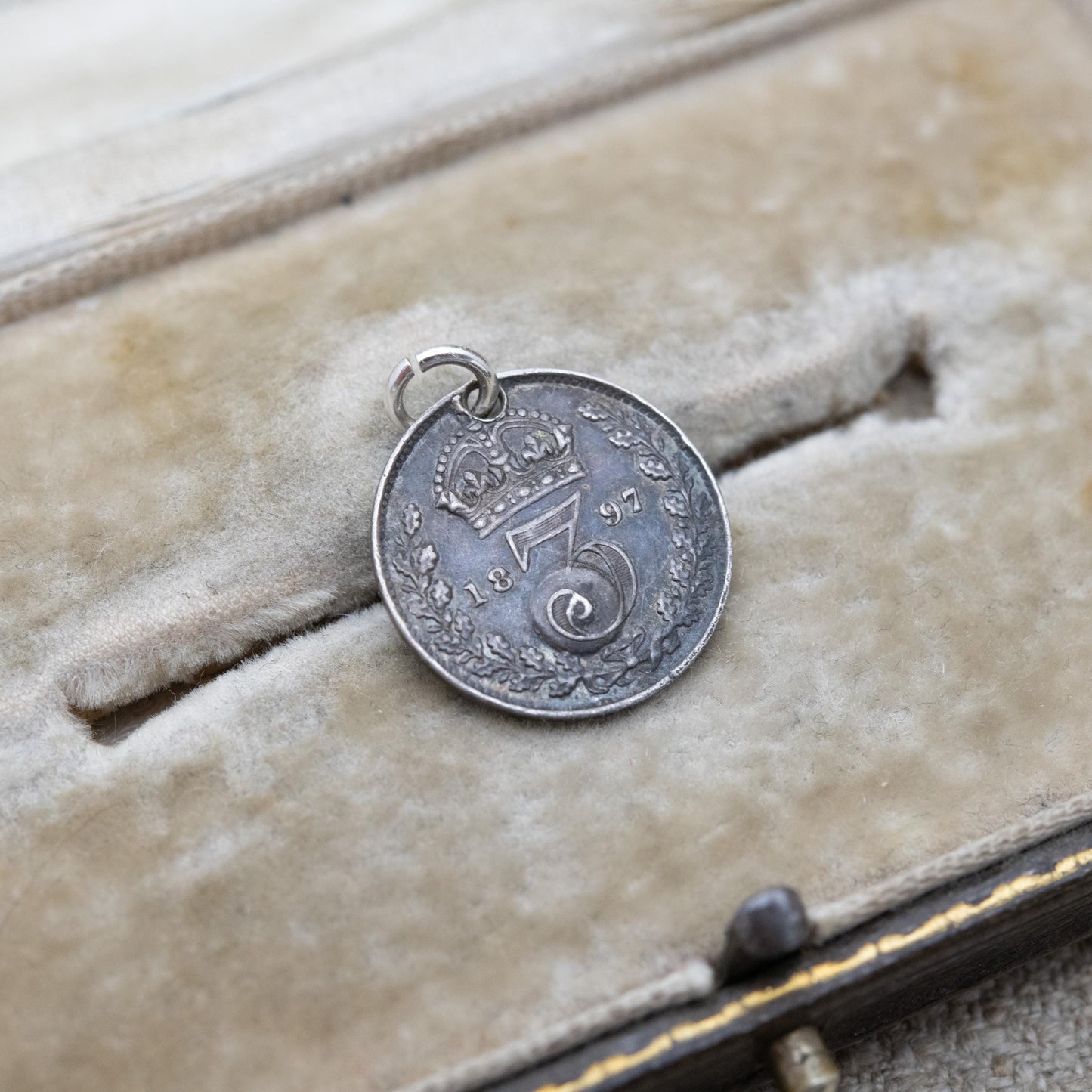 Antique Victorian Sterling Silver Sardonyx Threepence Coin Love Token Charm Pendant 1897 - Pierced Coin Jewellery