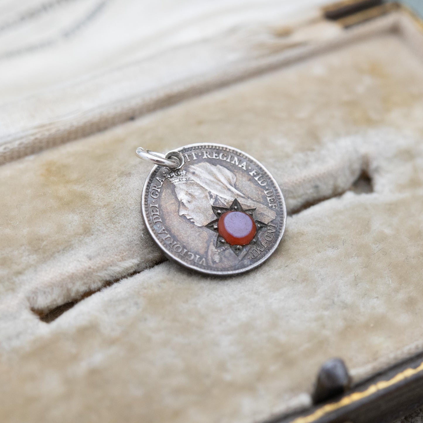 Antique Victorian Sterling Silver Sardonyx Threepence Coin Love Token Charm Pendant 1897 - Pierced Coin Jewellery