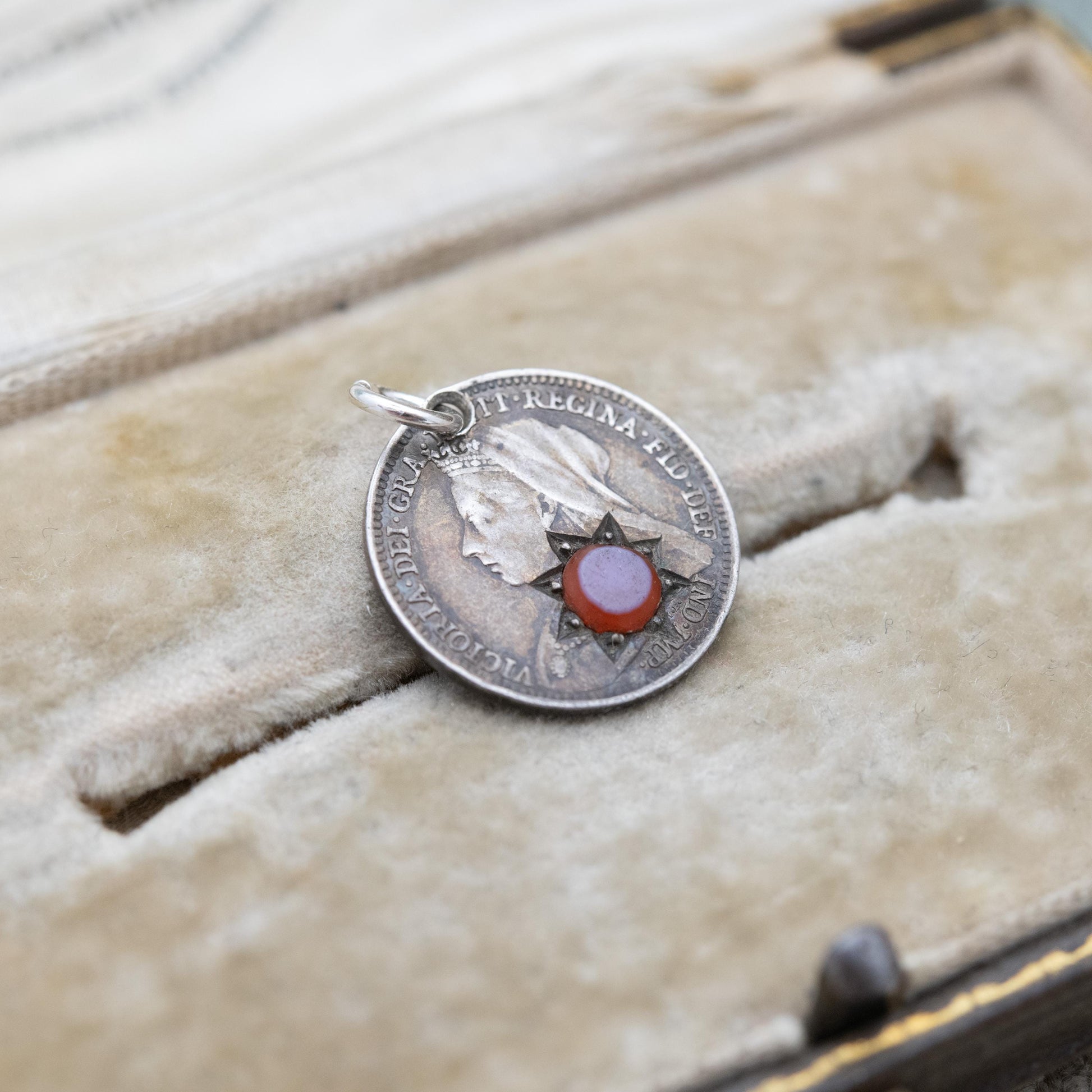 Antique Victorian Sterling Silver Sardonyx Threepence Coin Love Token Charm Pendant 1897 - Pierced Coin Jewellery