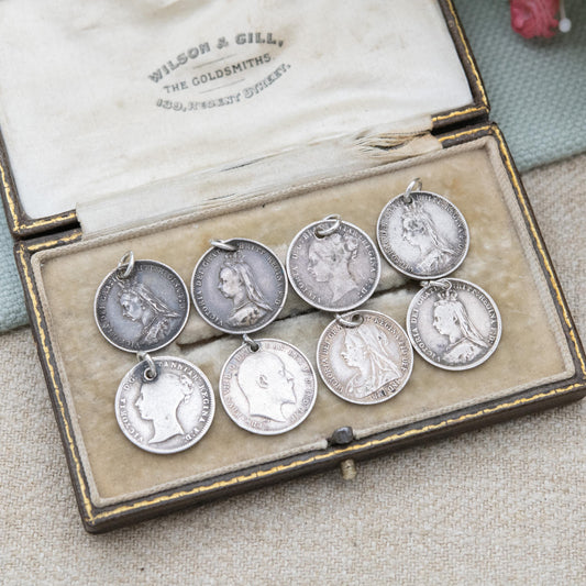 Antique Sterling Silver Three Pence Coin Charm Pendant - 1885 Queen Victoria | 1908 King Edward VII | 1854 Victoria Fourpence