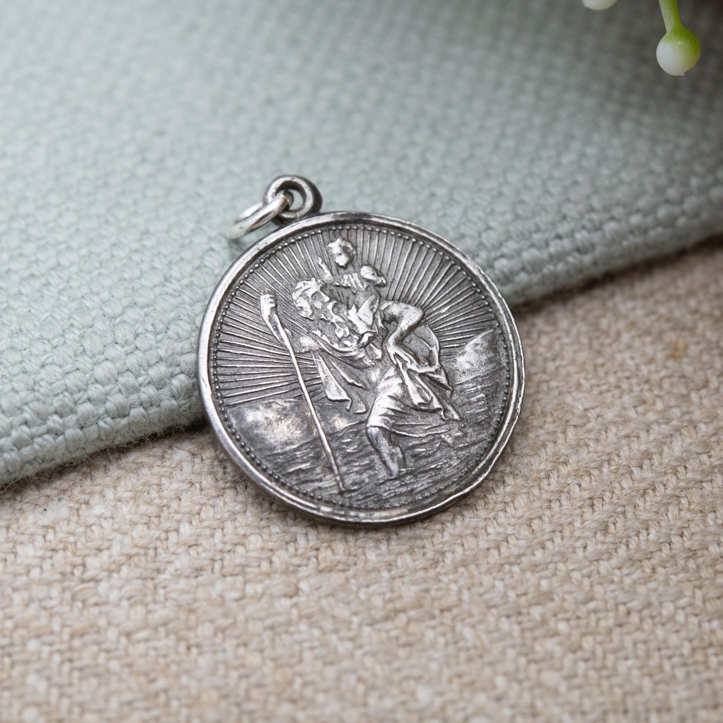 Vintage Sterling Silver St. Christopher Pendant - Embossed Relief Textured Background | Geometric Circle Border | Saint of Travelling