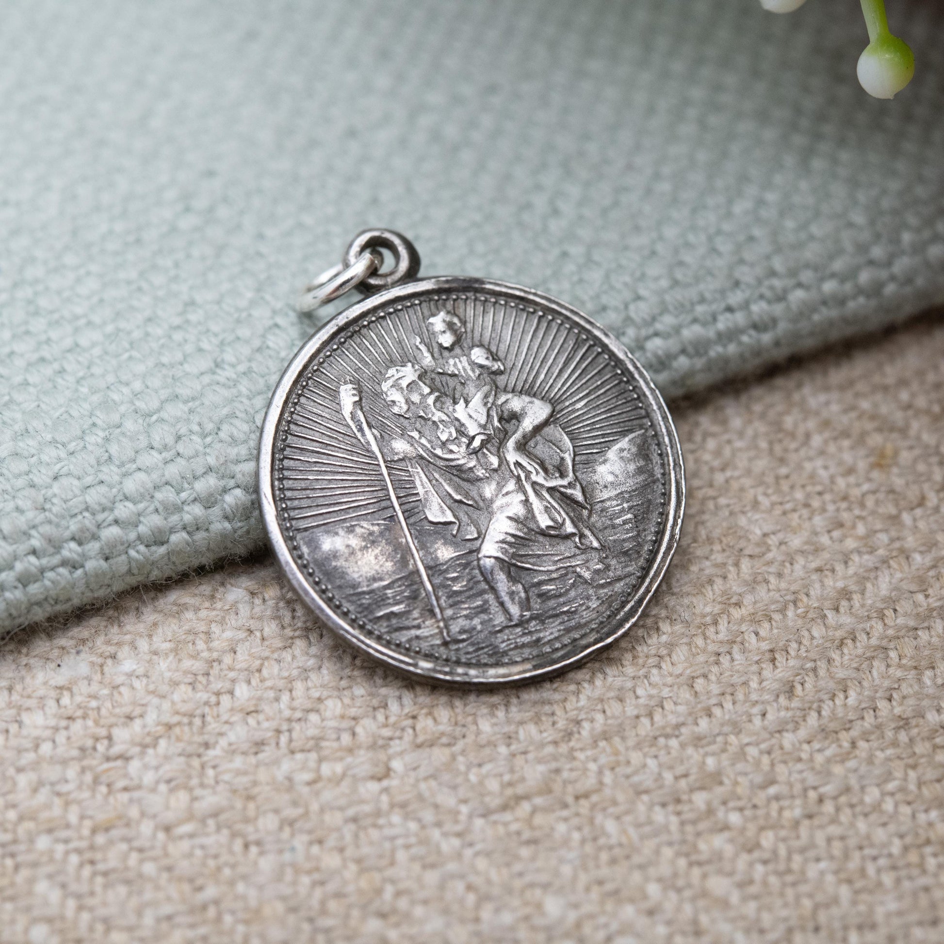 Vintage Sterling Silver St. Christopher Pendant - Embossed Relief Textured Background | Geometric Circle Border | Saint of Travelling