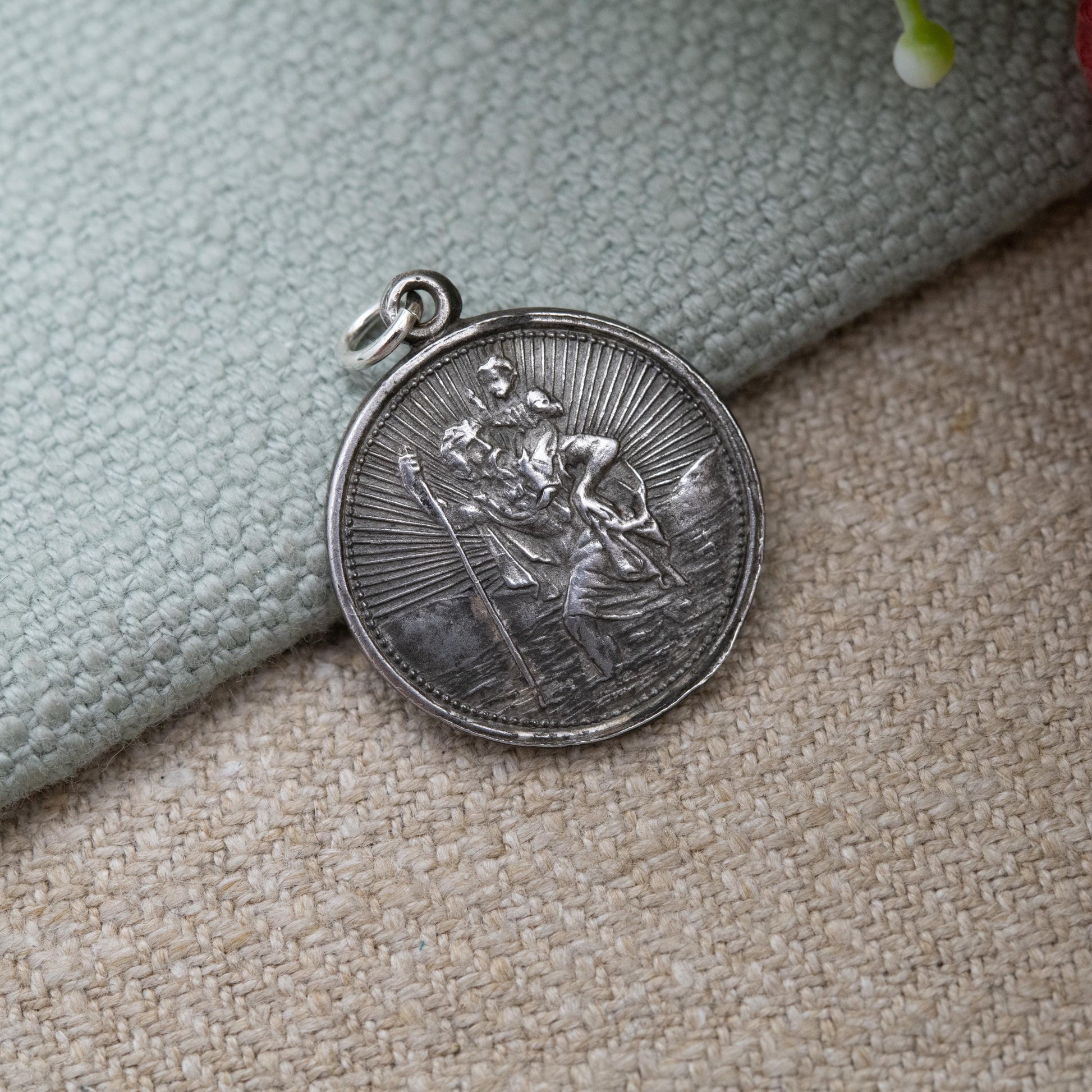 Vintage Sterling Silver St. Christopher Pendant - Embossed Relief Textured Background | Geometric Circle Border | Saint of Travelling